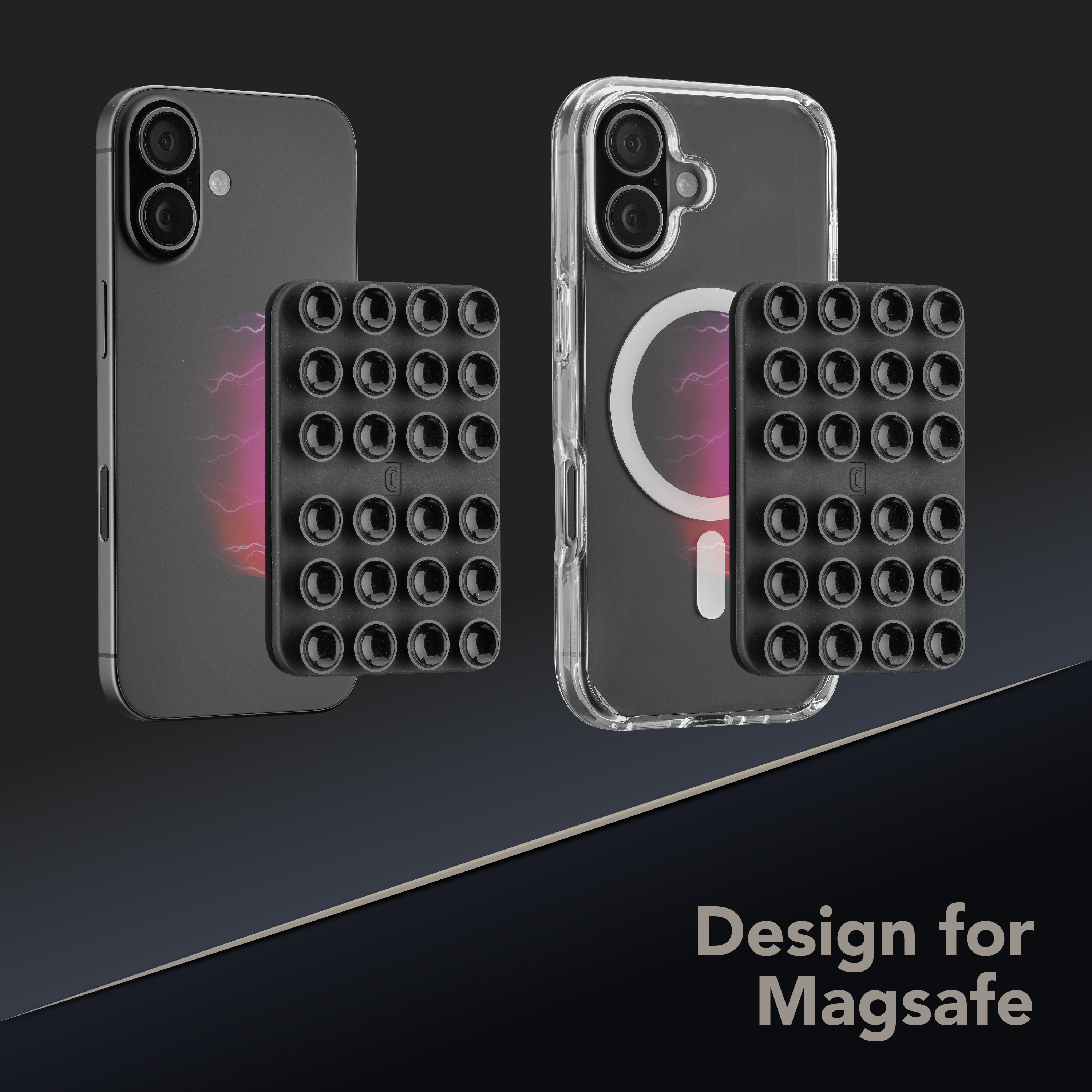 Placa de ventosas adherida a la parte trasera de iPhone y funda MagSafe, texto “Design for Magsafe”.