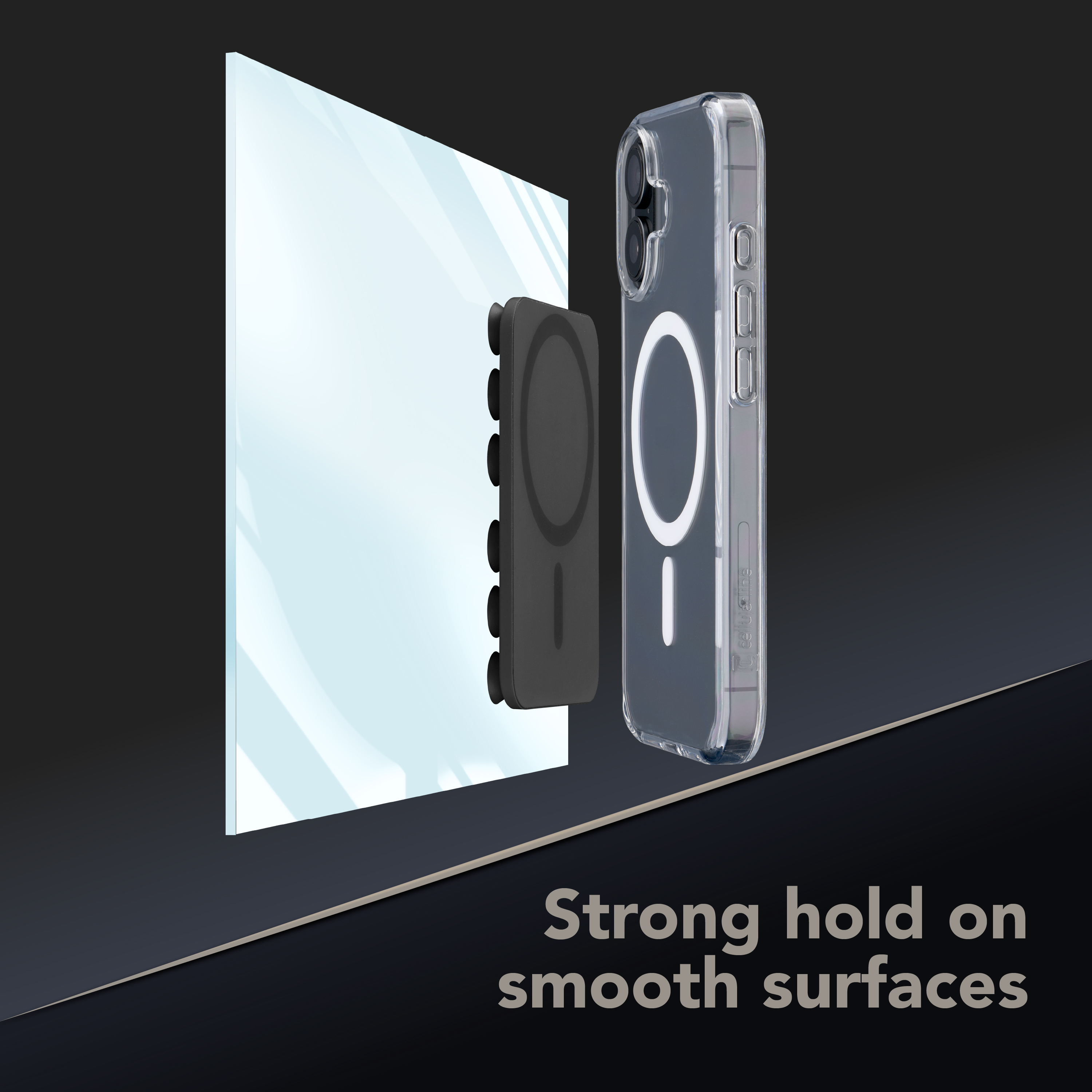 Placa de ventosas entre cristal y funda MagSafe transparente, texto “Strong hold on smooth surfaces”.