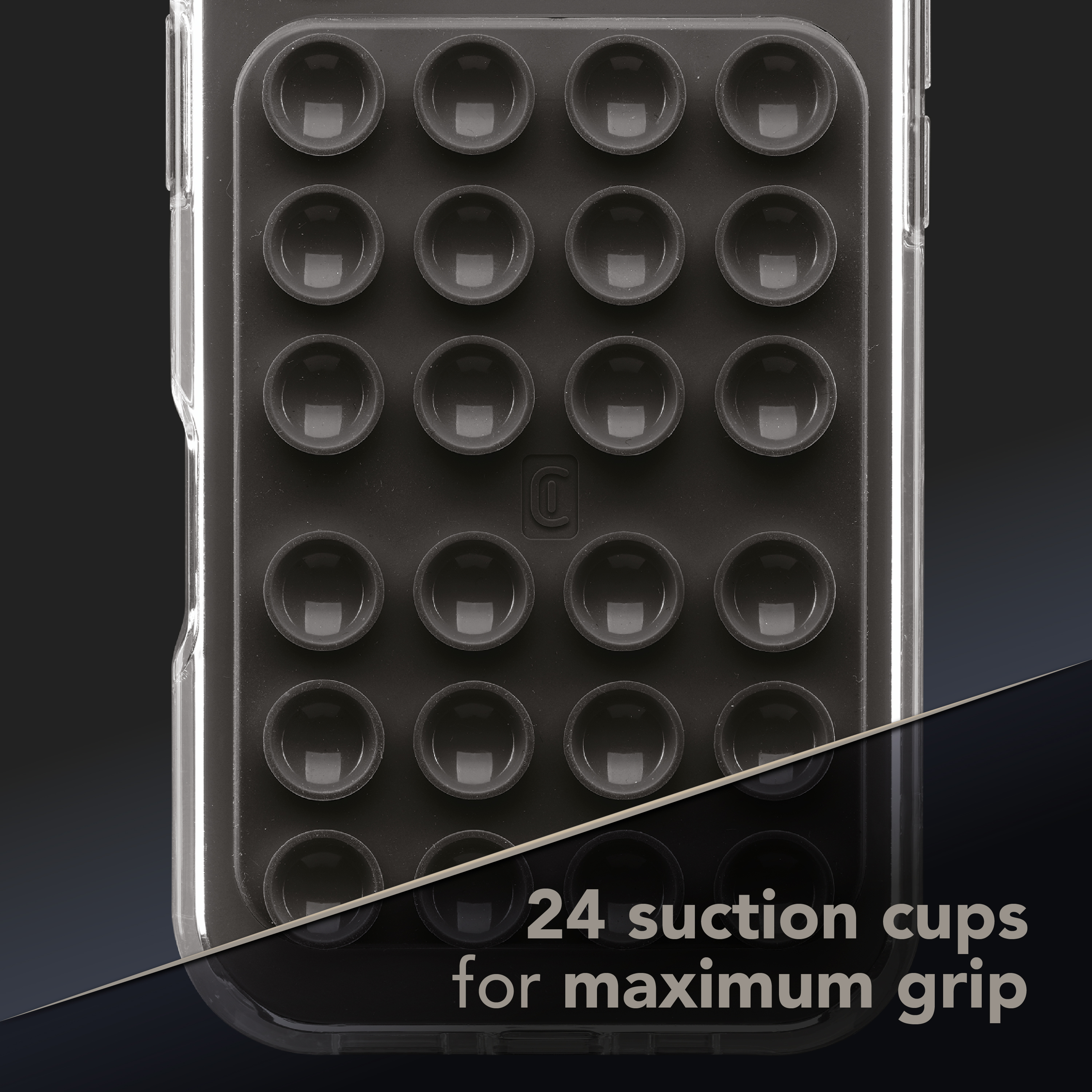 Primer plano de placa con 24 ventosas en funda transparente, texto “24 suction cups for maximum grip”.