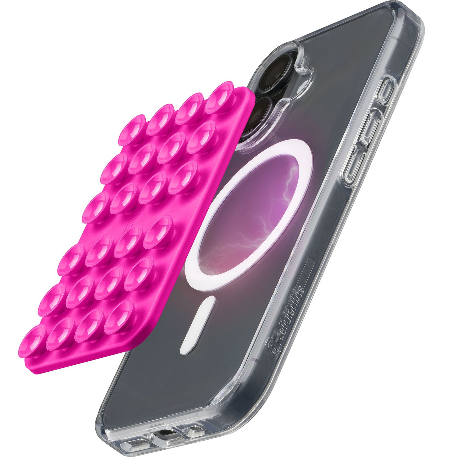 Un soporte de ventosas rosa unido a una funda de teléfono transparente con anillo MagSafe.
