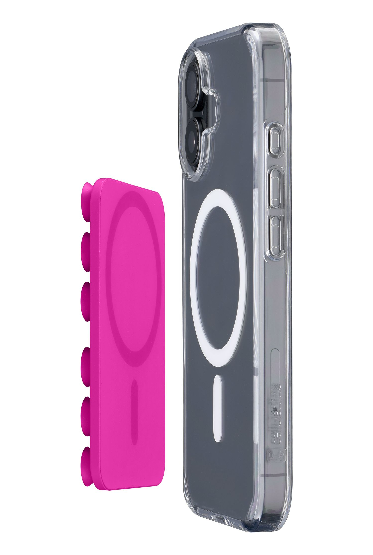 Un agarre rosa con ventosas junto a una funda de teléfono transparente con círculo blanco.