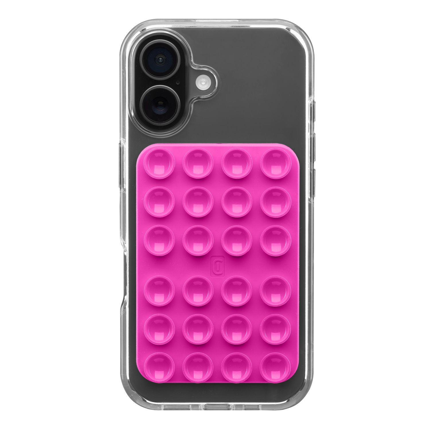 Funda de teléfono transparente con soporte rosa de ventosas.