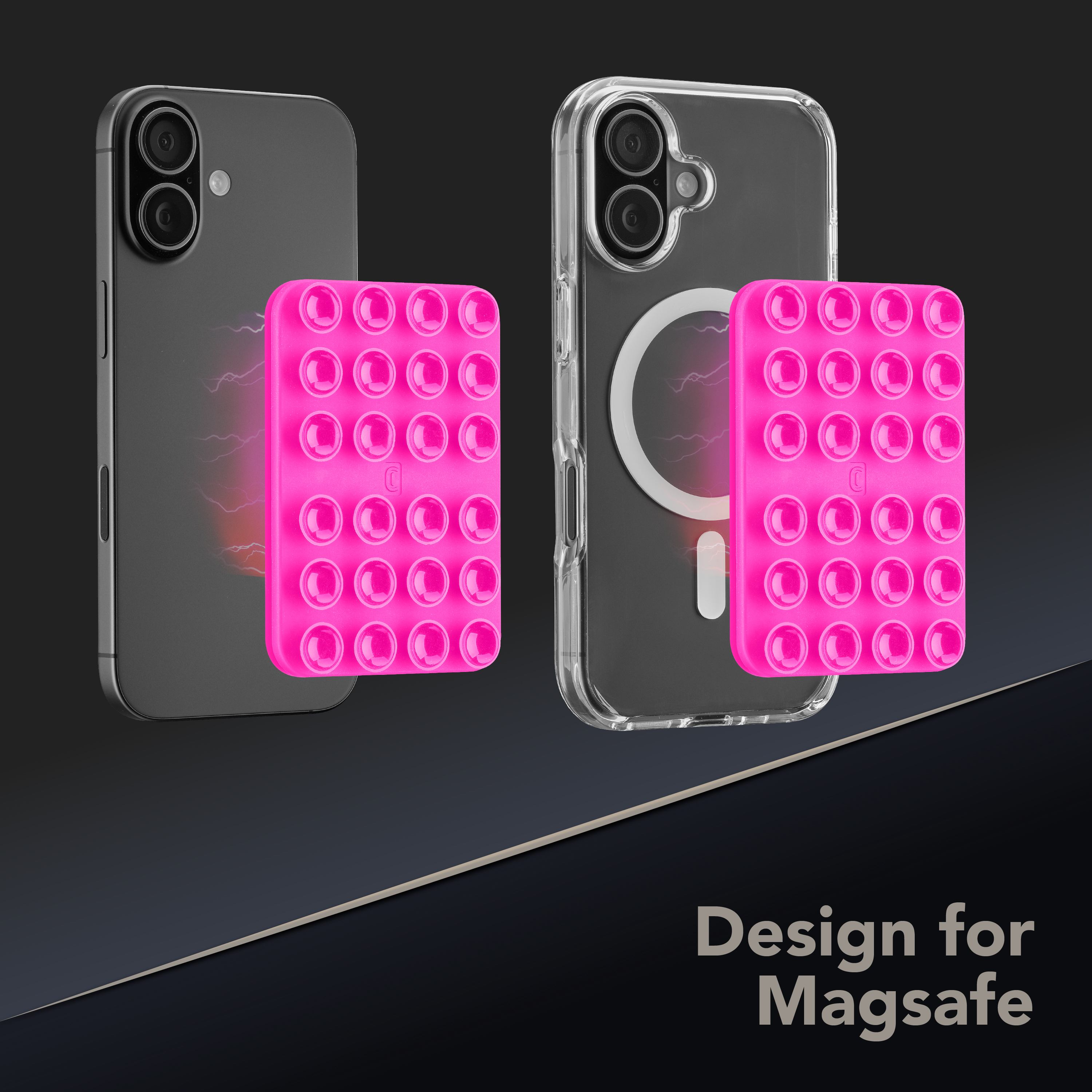 Placa de ventosas adherida a la parte trasera de iPhone y funda MagSafe, texto “Design for Magsafe”.