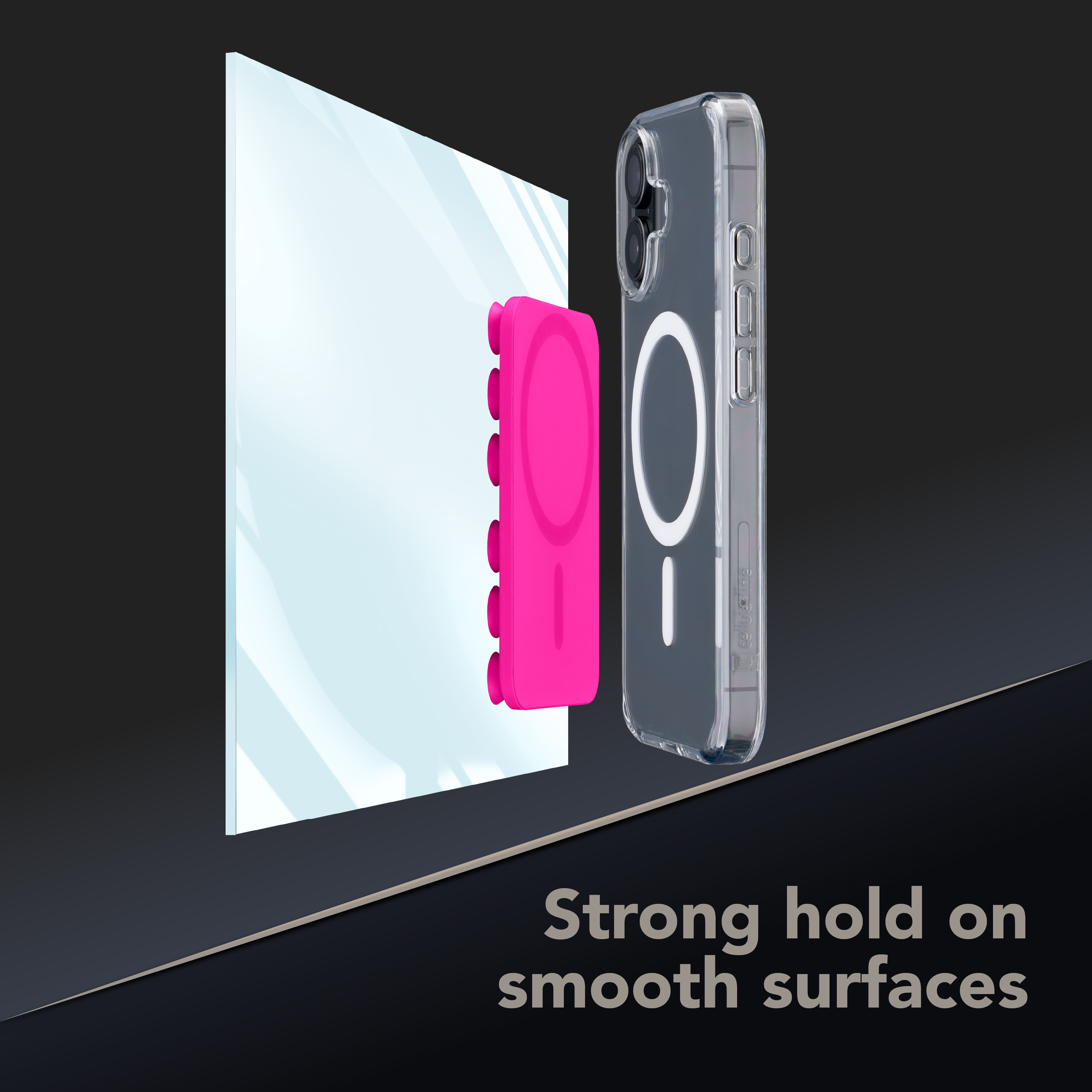 Placa de ventosas entre cristal y funda MagSafe transparente, texto “Strong hold on smooth surfaces”.