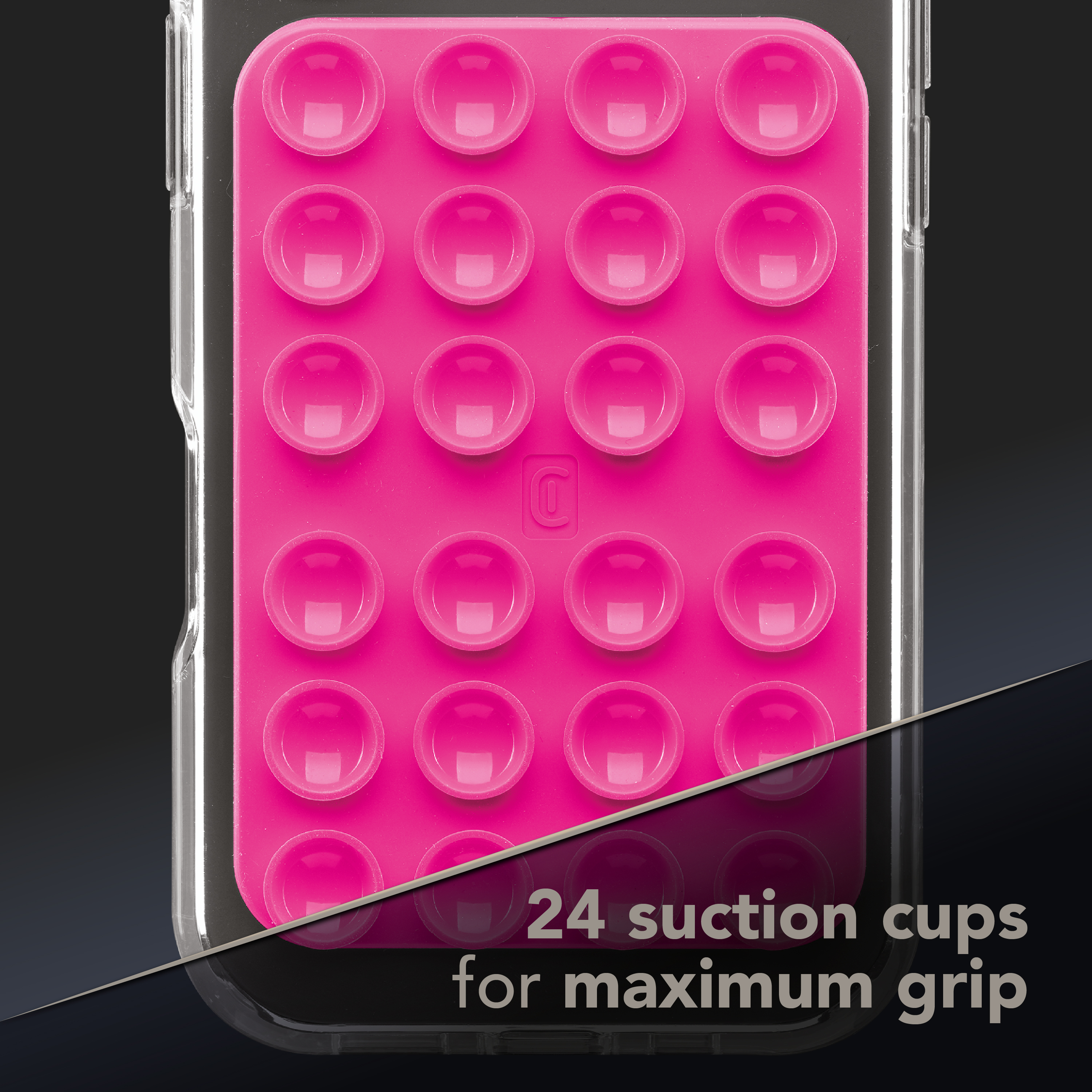 Primer plano de placa con 24 ventosas en funda transparente, texto “24 suction cups for maximum grip”.