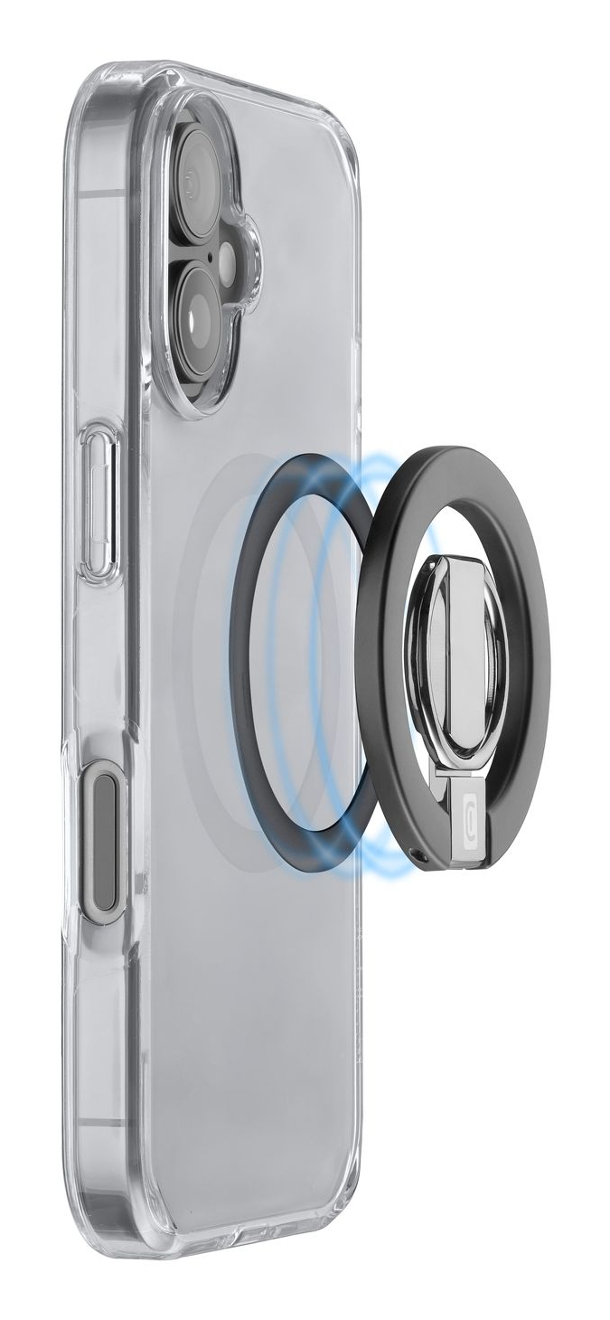 Una funda transparente para teléfono con un soporte de anillo magnético en la parte trasera.