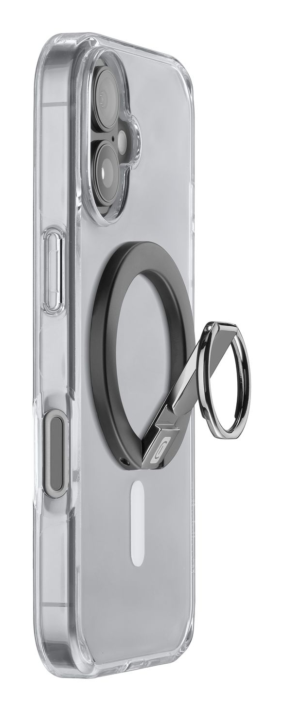 Una funda de teléfono transparente con un soporte de anillo magnético que se despliega.