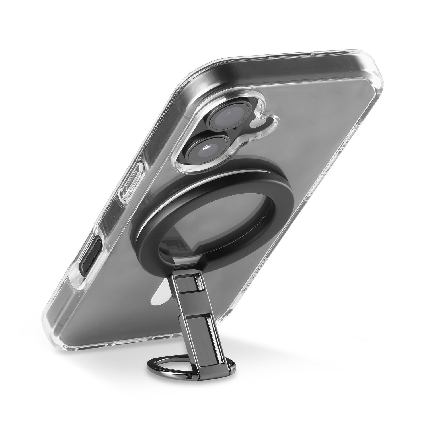 Funda transparente para móvil con soporte de anillo negro sobre fondo blanco.