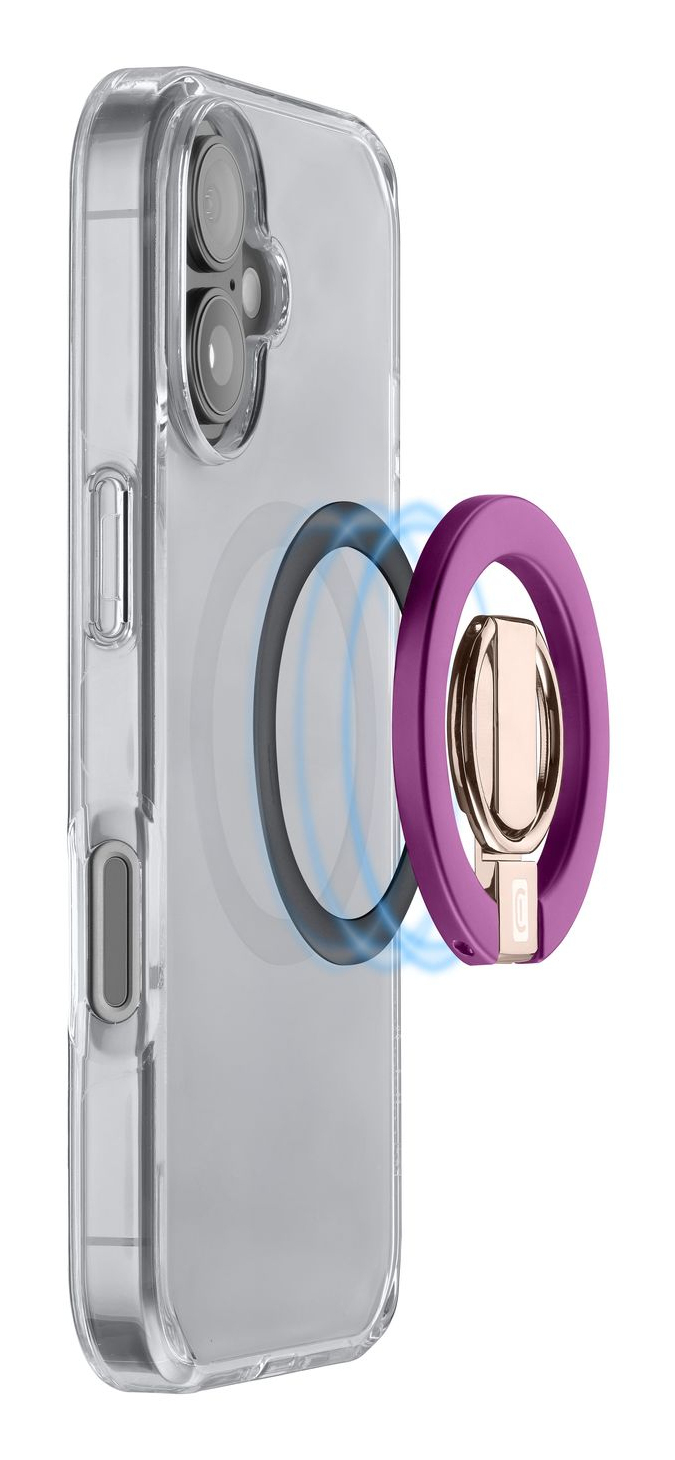 Un soporte de anillo morado se acopla a una funda de teléfono transparente.