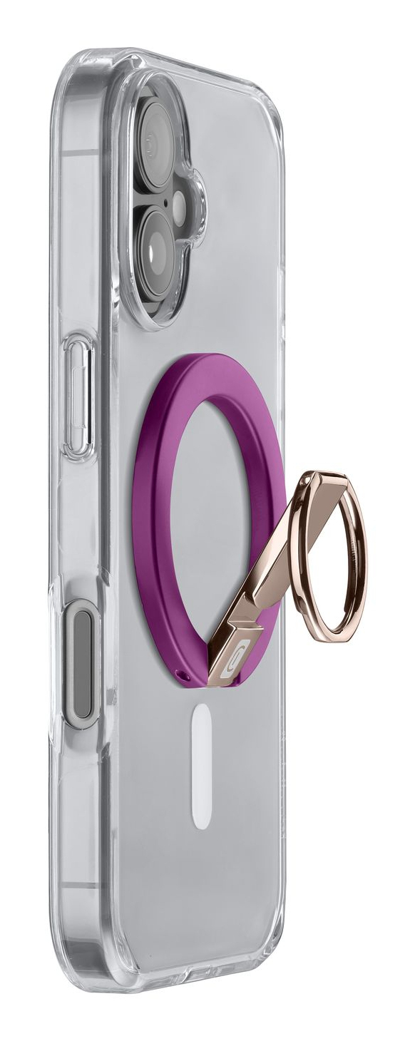 Una funda transparente para iPhone con un anillo morado y un agarre oro rosa.