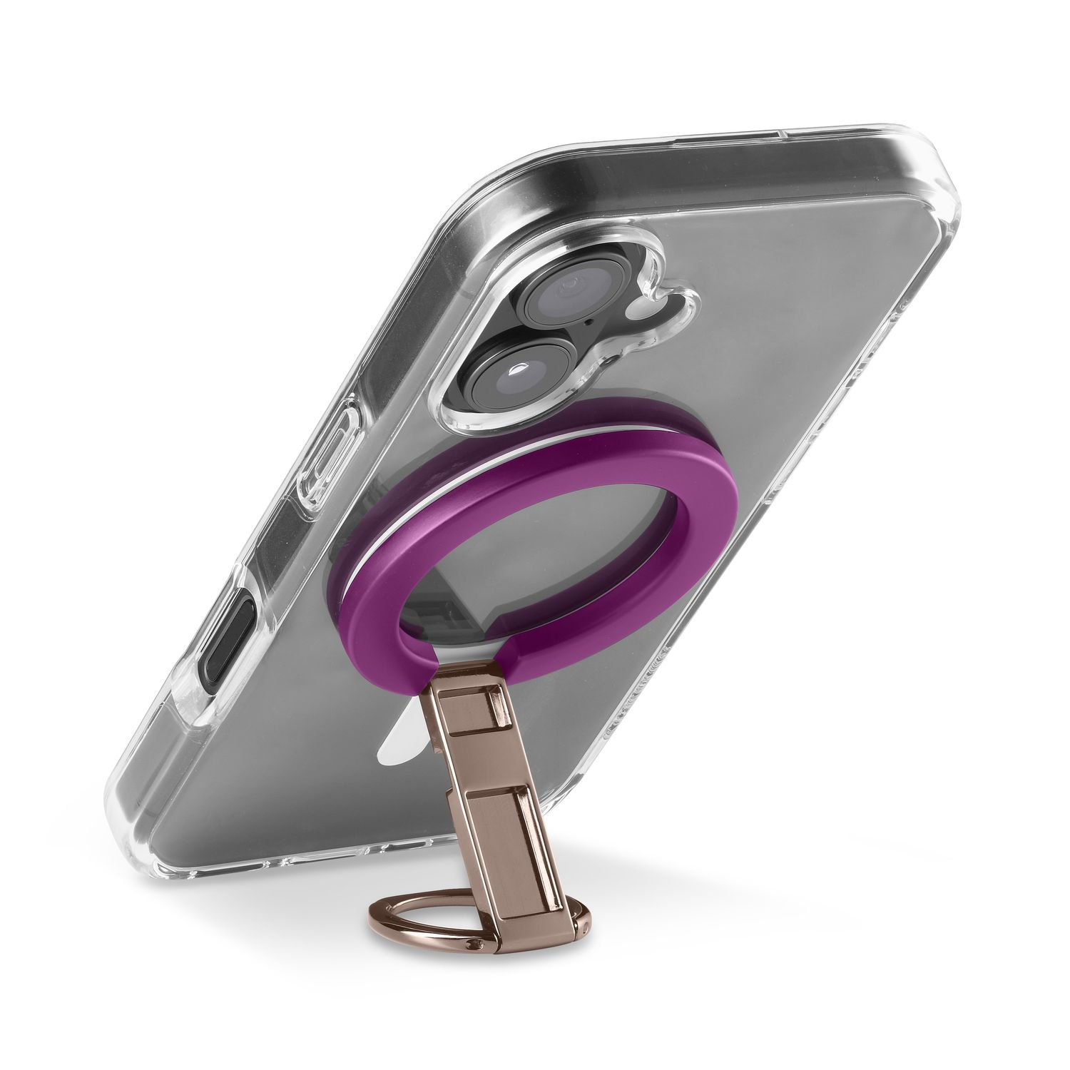 Funda de teléfono transparente con soporte de anillo morado y soporte oro rosa.