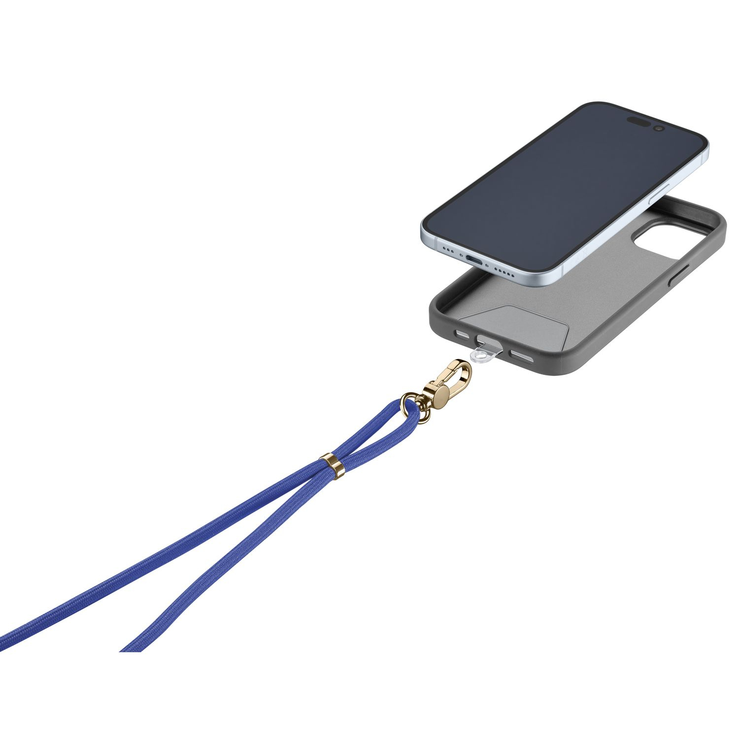 Funda gris para teléfono con teléfono plateado y cordón azul.