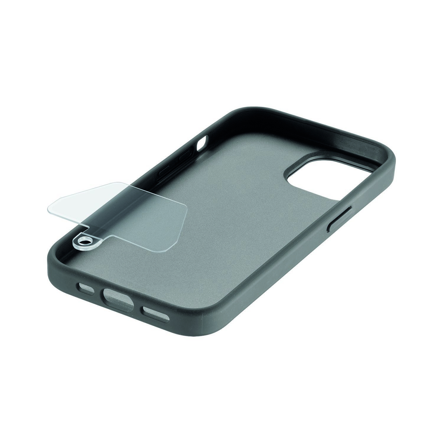 Funda de teléfono gris oscuro con pegatina transparente en el interior.