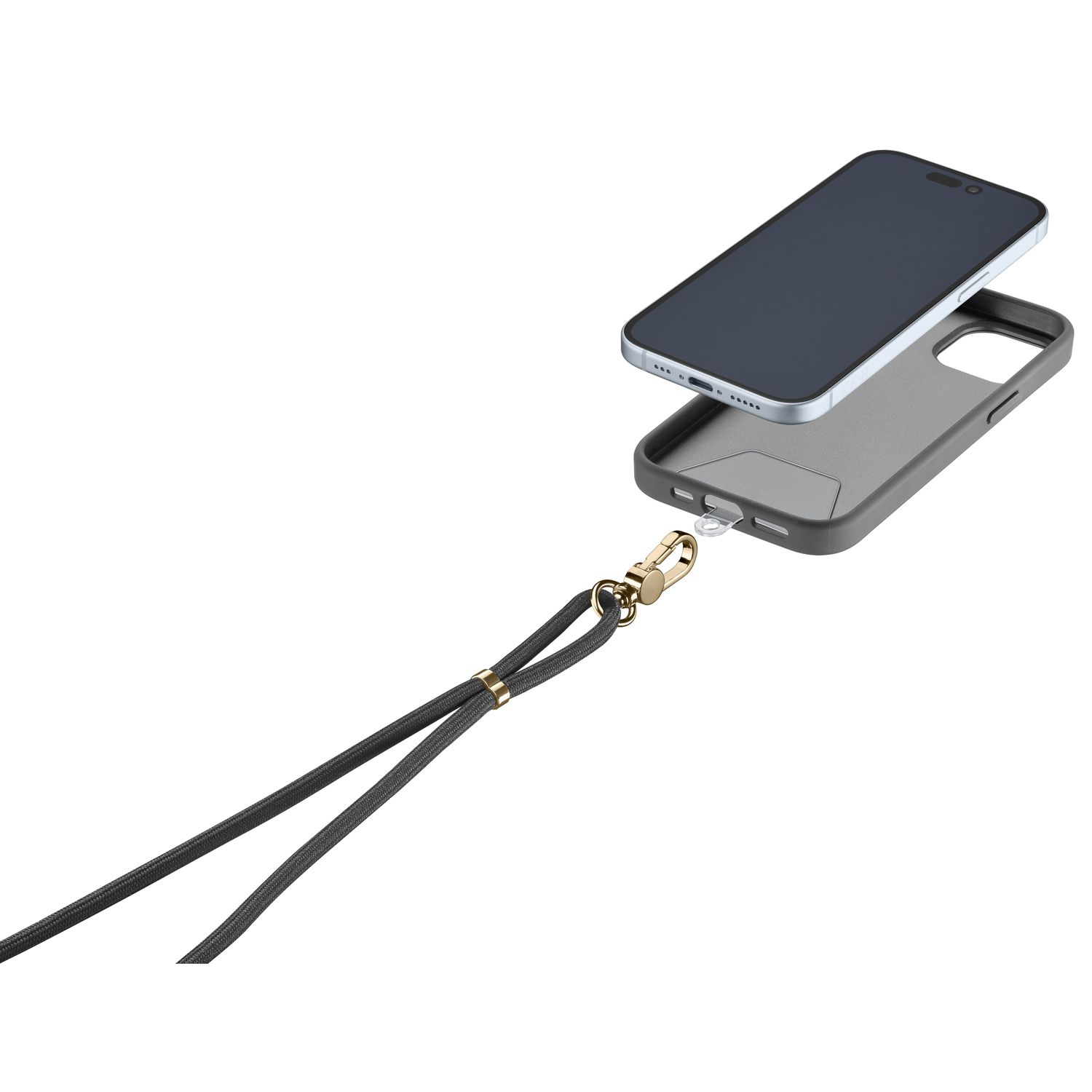 Un smartphone con funda y cordón, sobre fondo blanco.