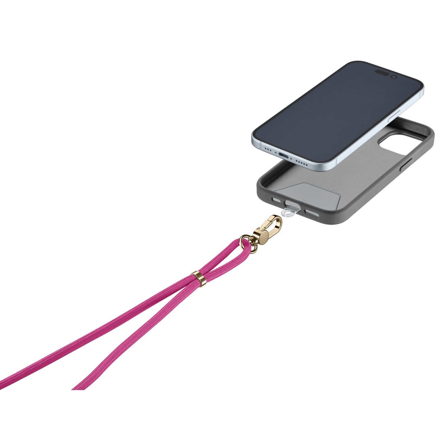 Un smartphone se coloca en una funda gris, con una correa rosa unida.
