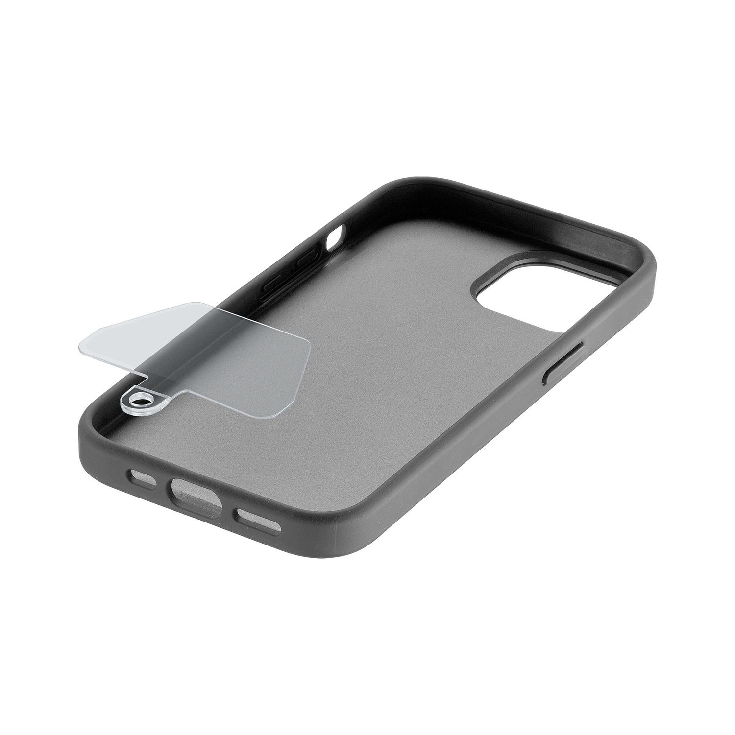 Funda de teléfono gris con película protectora transparente y recortes para cámara y botones.