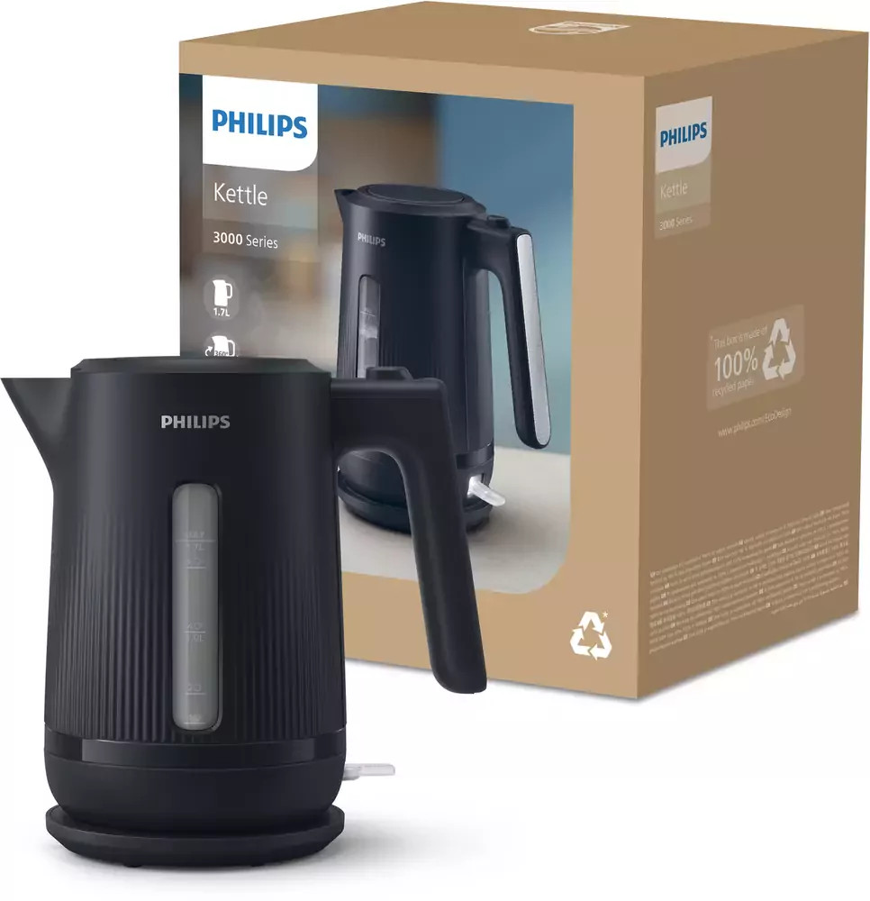 Czarny czajnik Philips seria 3000 z pudełkiem. Jeden czajnik z przodu.