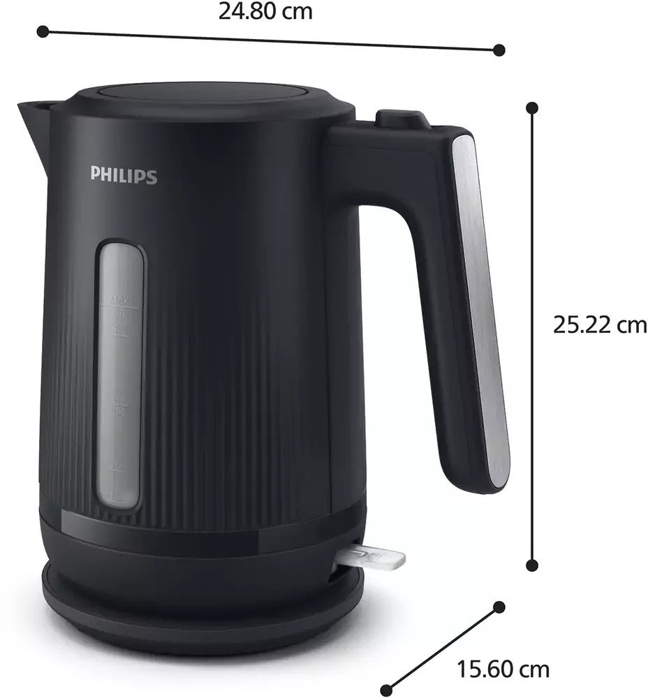 Czajnik Philips czarny ze wskaźnikiem poziomu wody i srebrnymi akcentami.