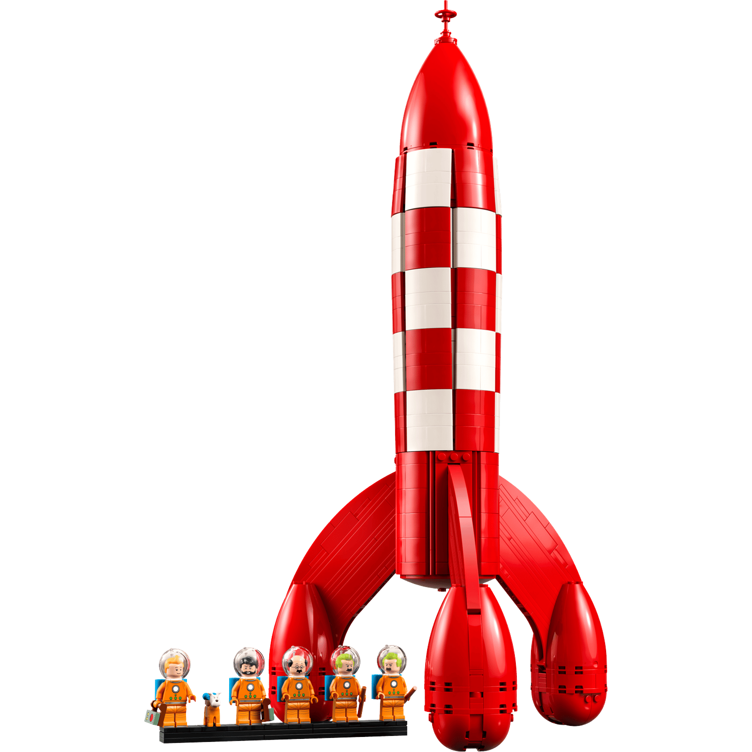 Red and white checkered rocket with astronauts and a dog.