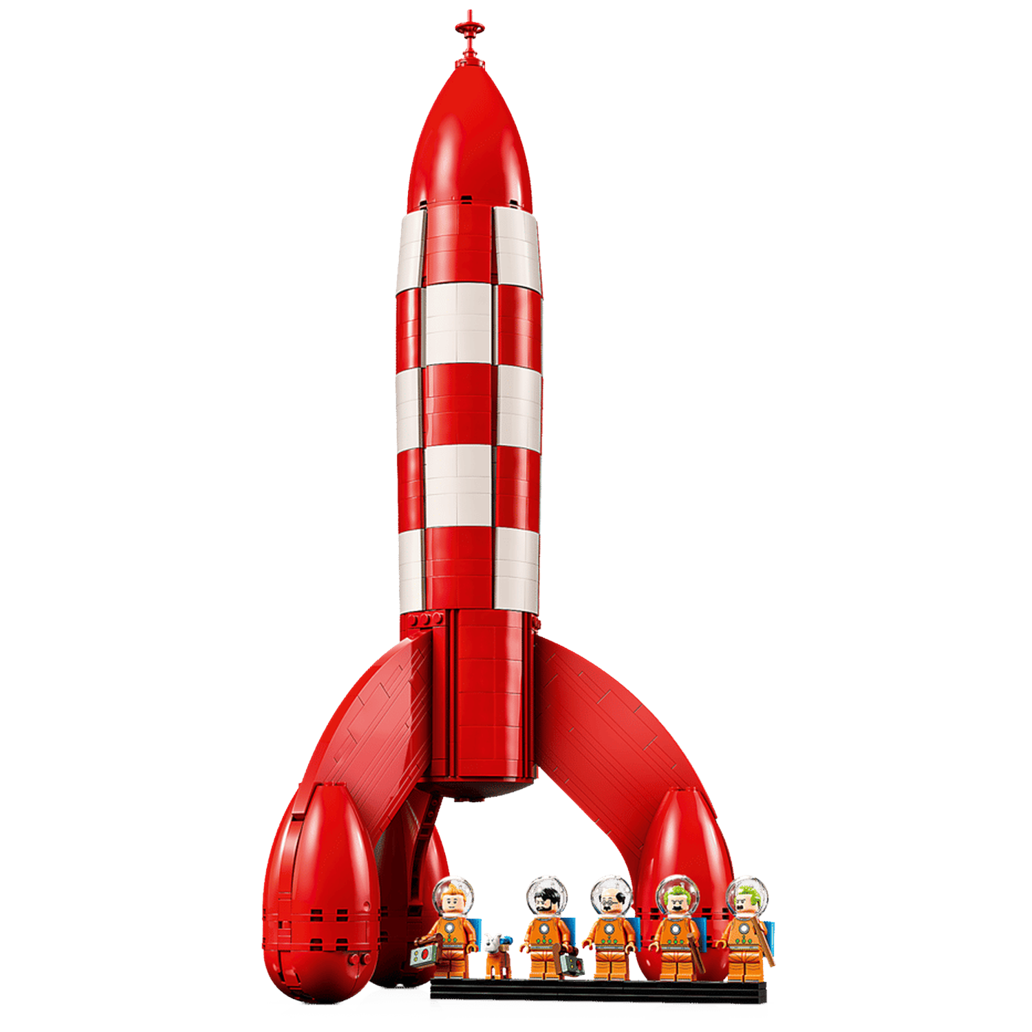A red Lego rocket model with white checks, next to five astronaut figures.