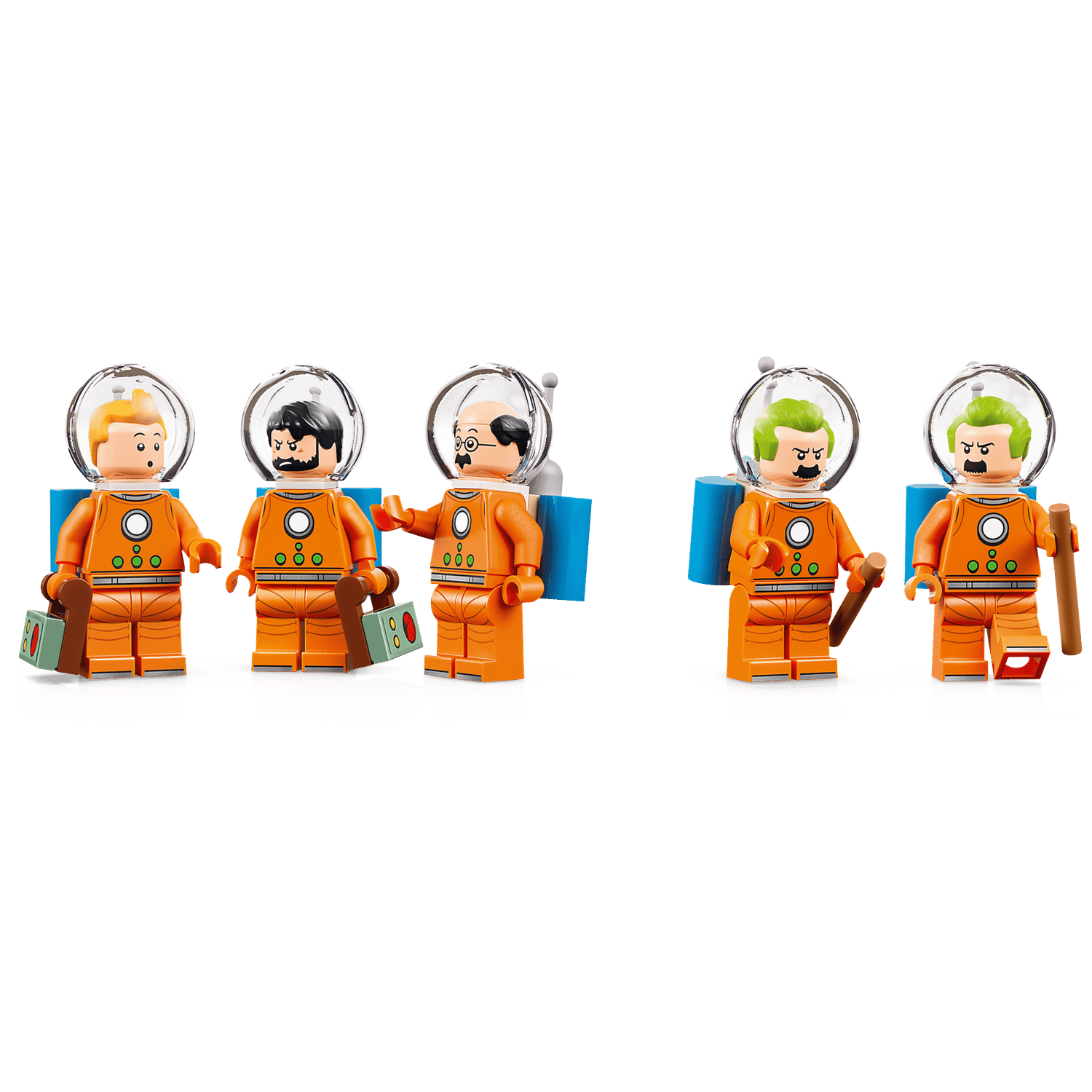 Five Lego figures in orange spacesuits with helmets stand against a black background.