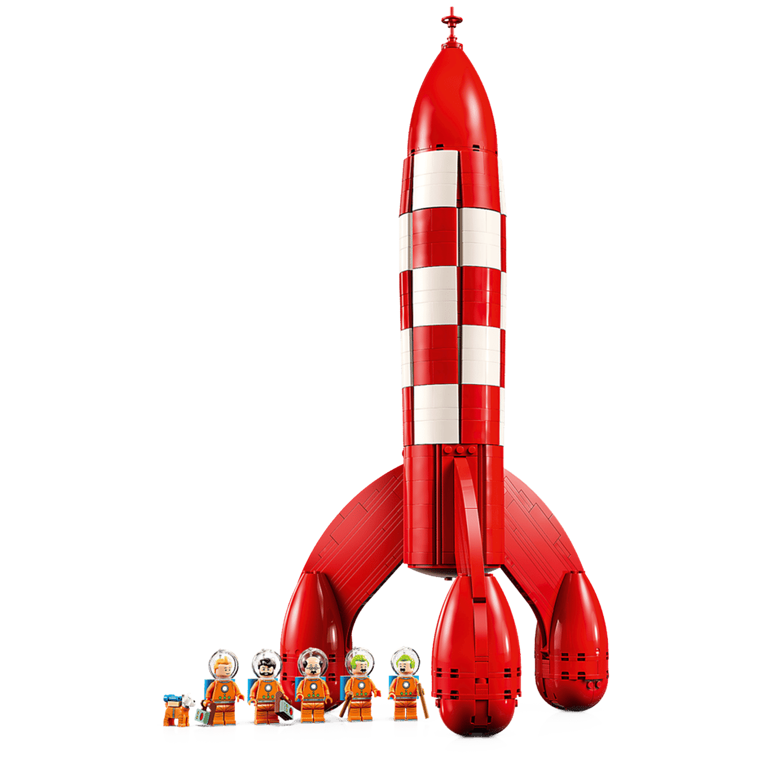 A red Lego rocket model with white checkers and astronaut figures in front.