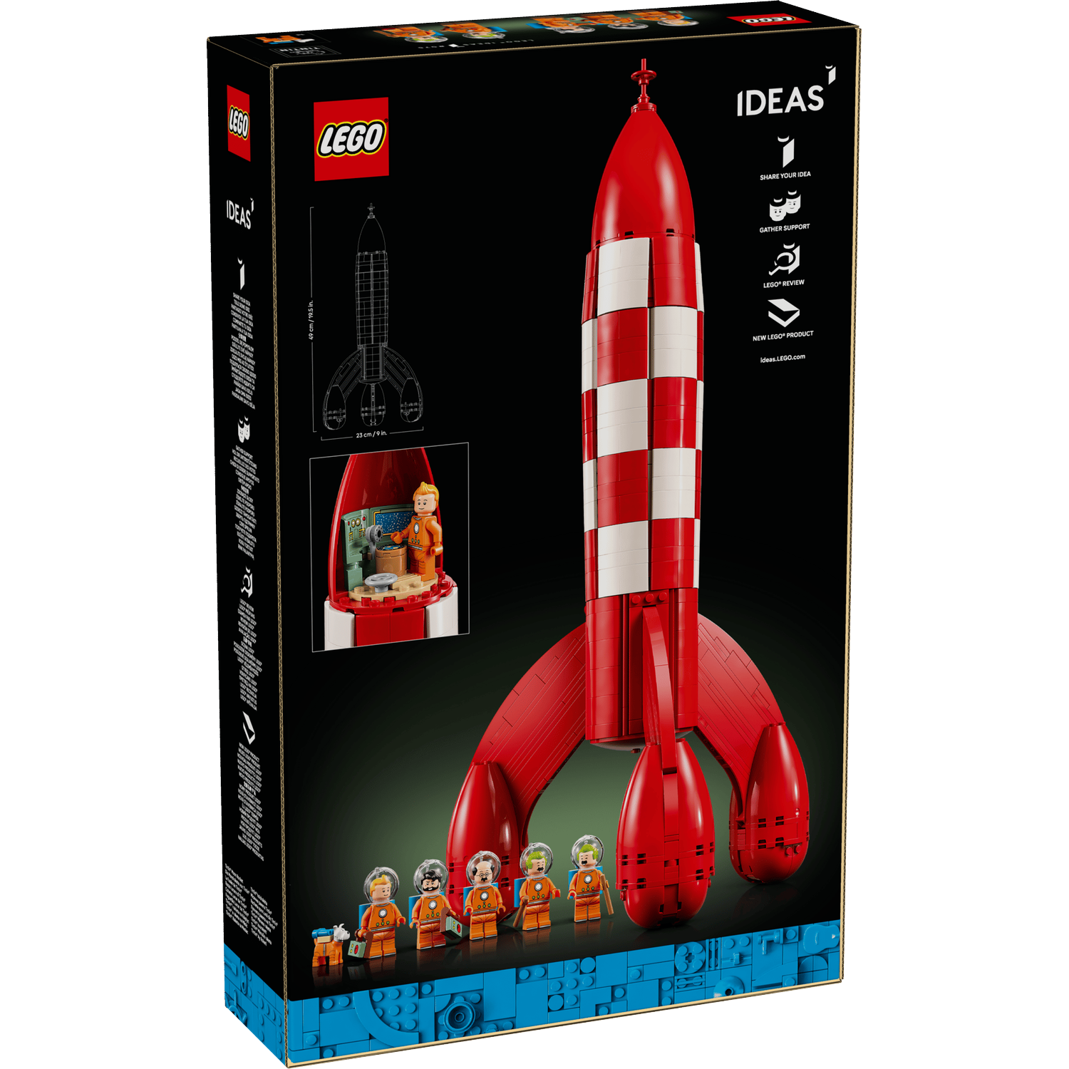 A red and white LEGO rocket with figures and details on the box.