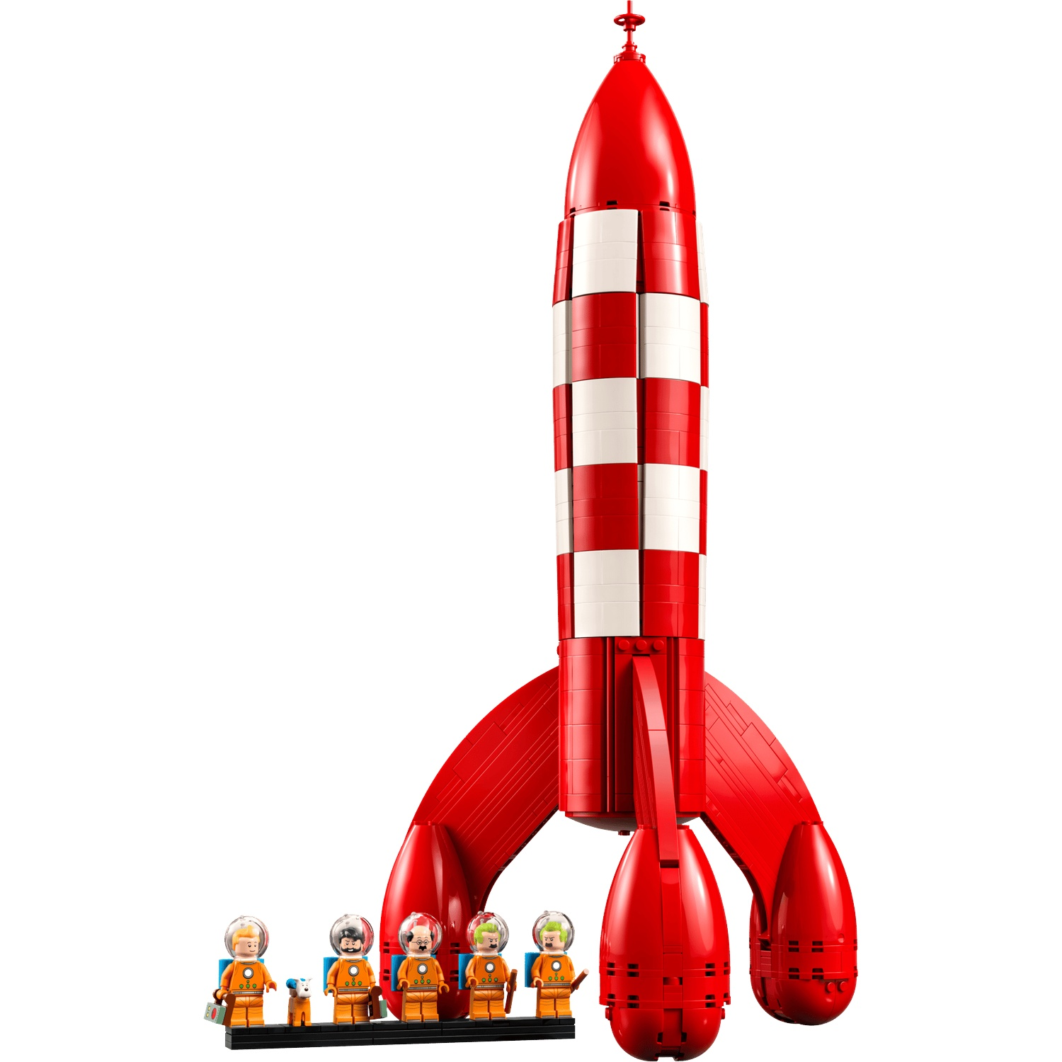 A red and white checkered rocket with five astronauts and a dog standing in front.