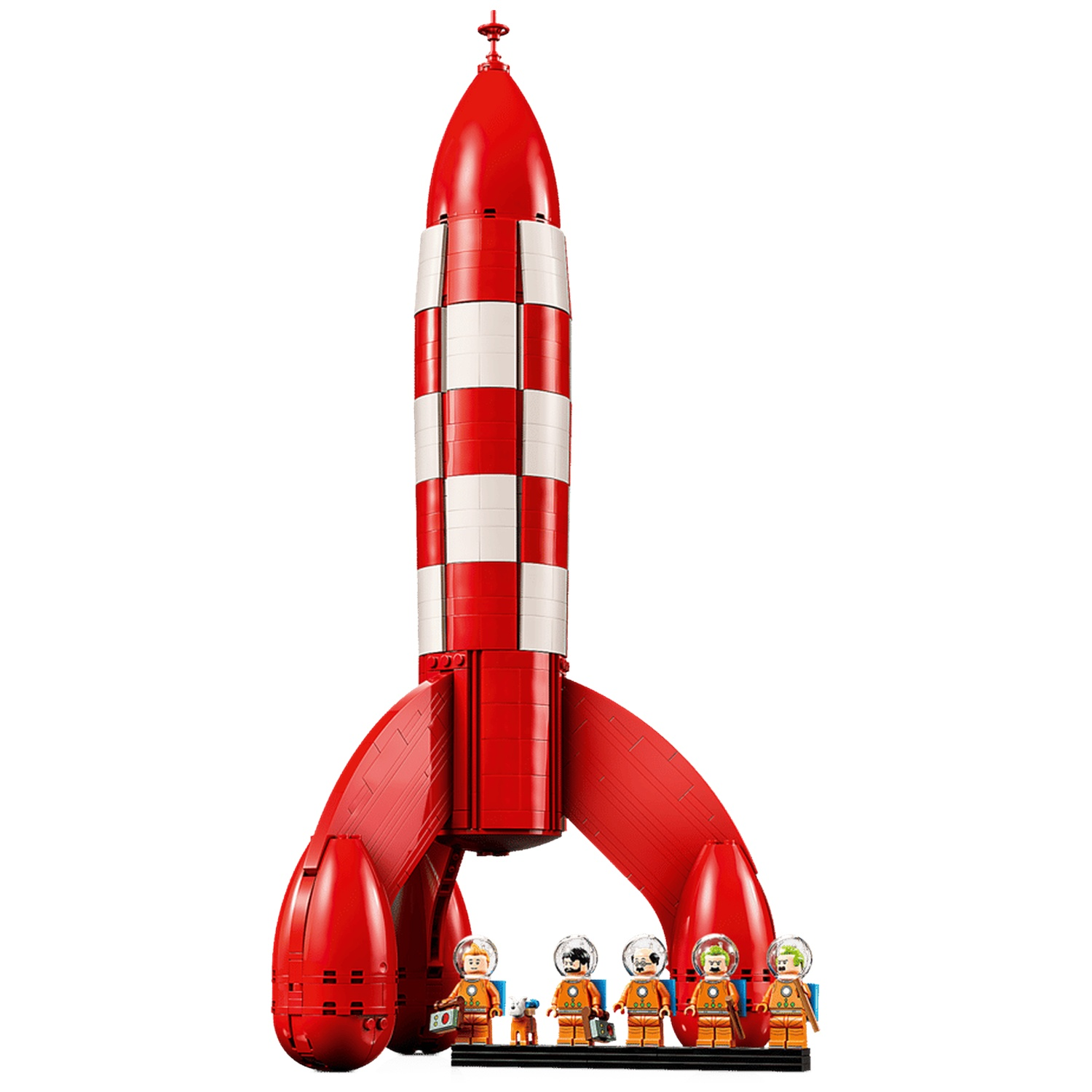 A red and white rocket building set with five astronaut figures in front.