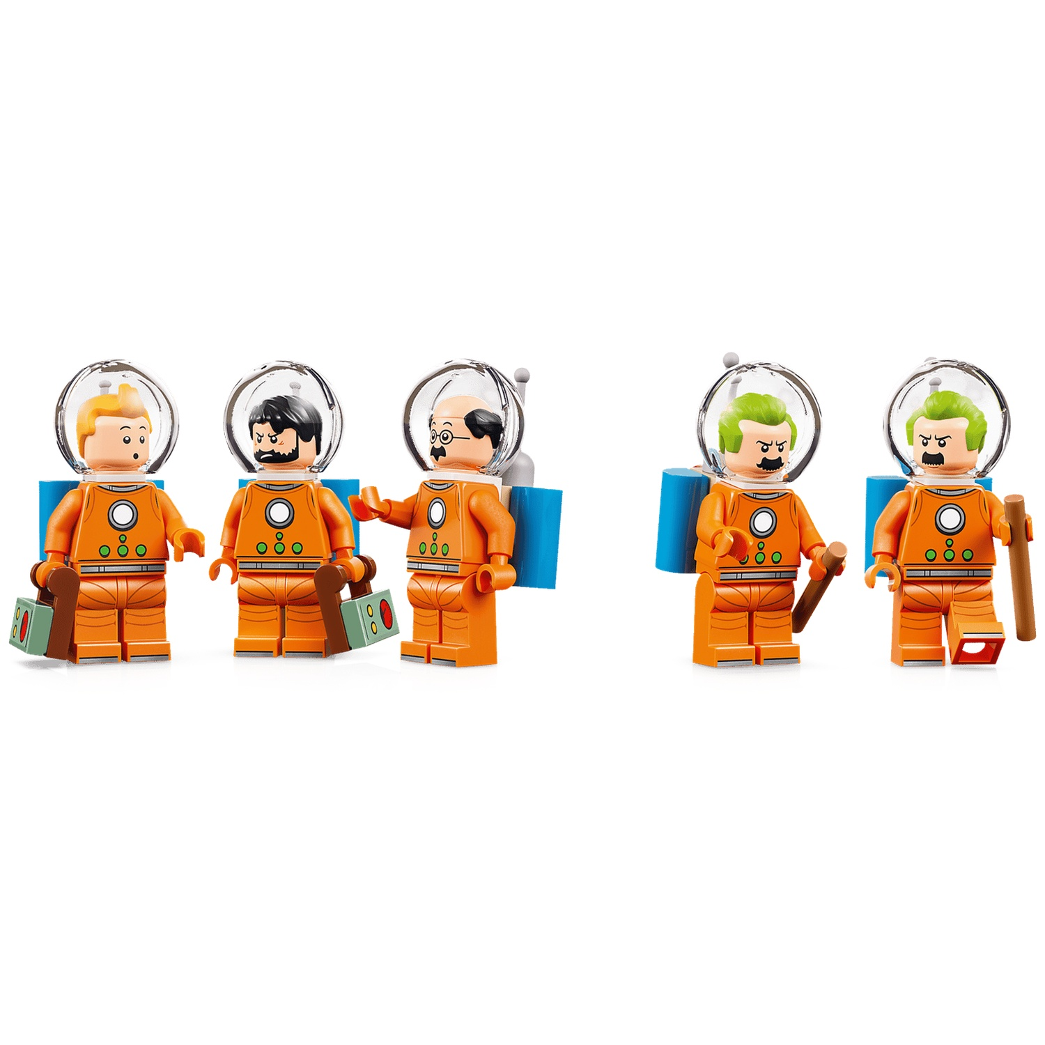 Five orange astronaut figures with clear helmets and blue backpacks.