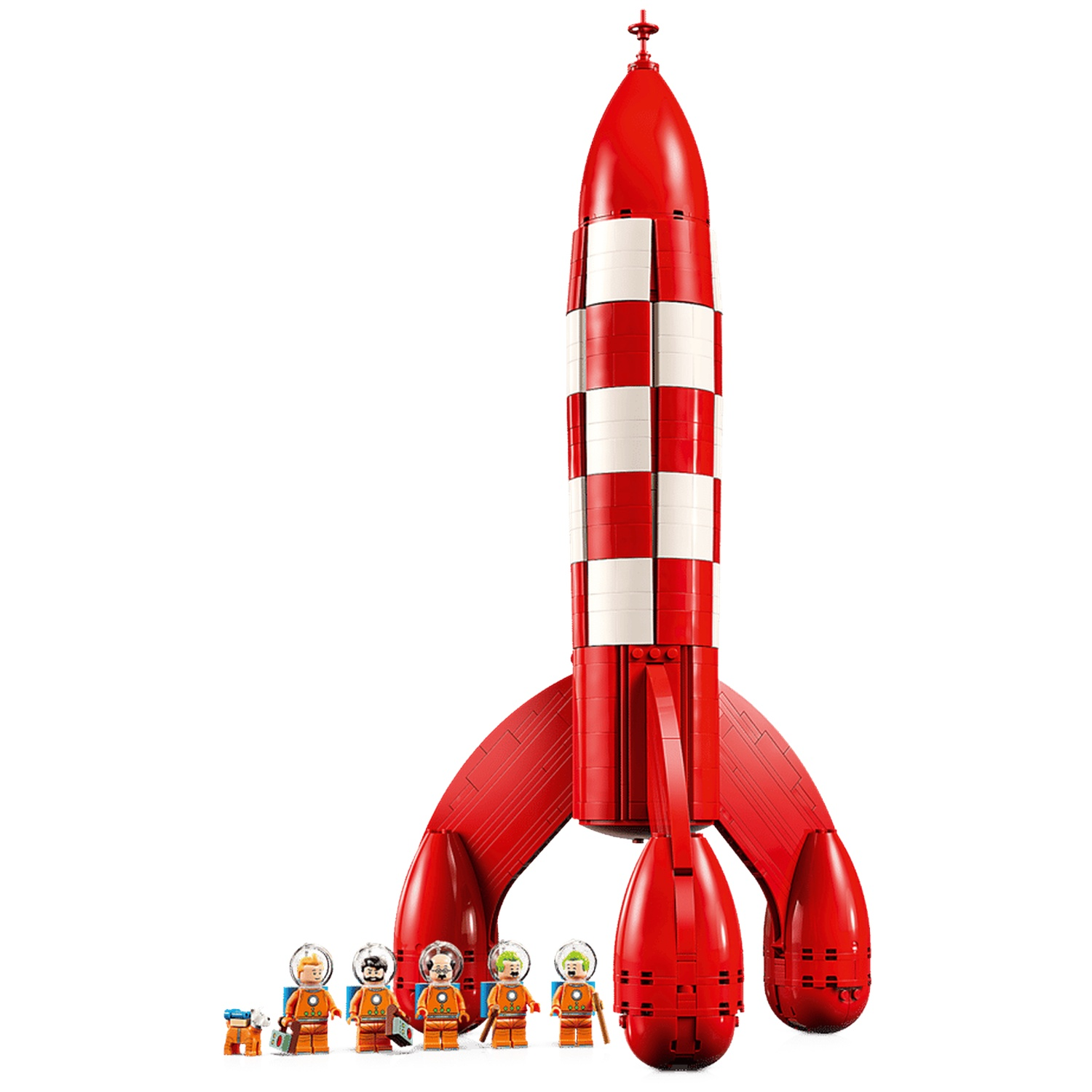 A red and white checkered rocket stands on the ground with small figures in front.