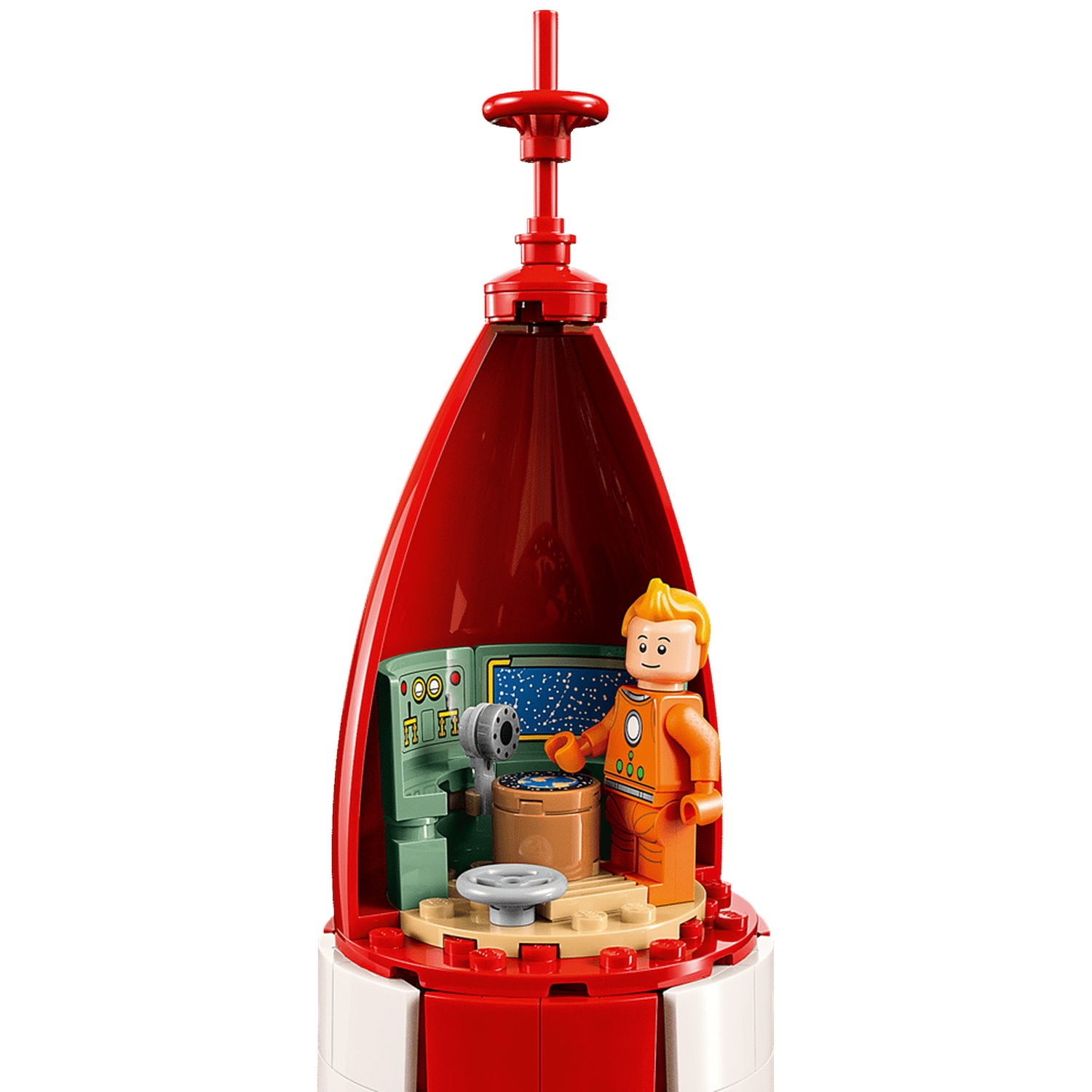 A Lego astronaut in an orange suit stands inside a red rocket with a control panel.