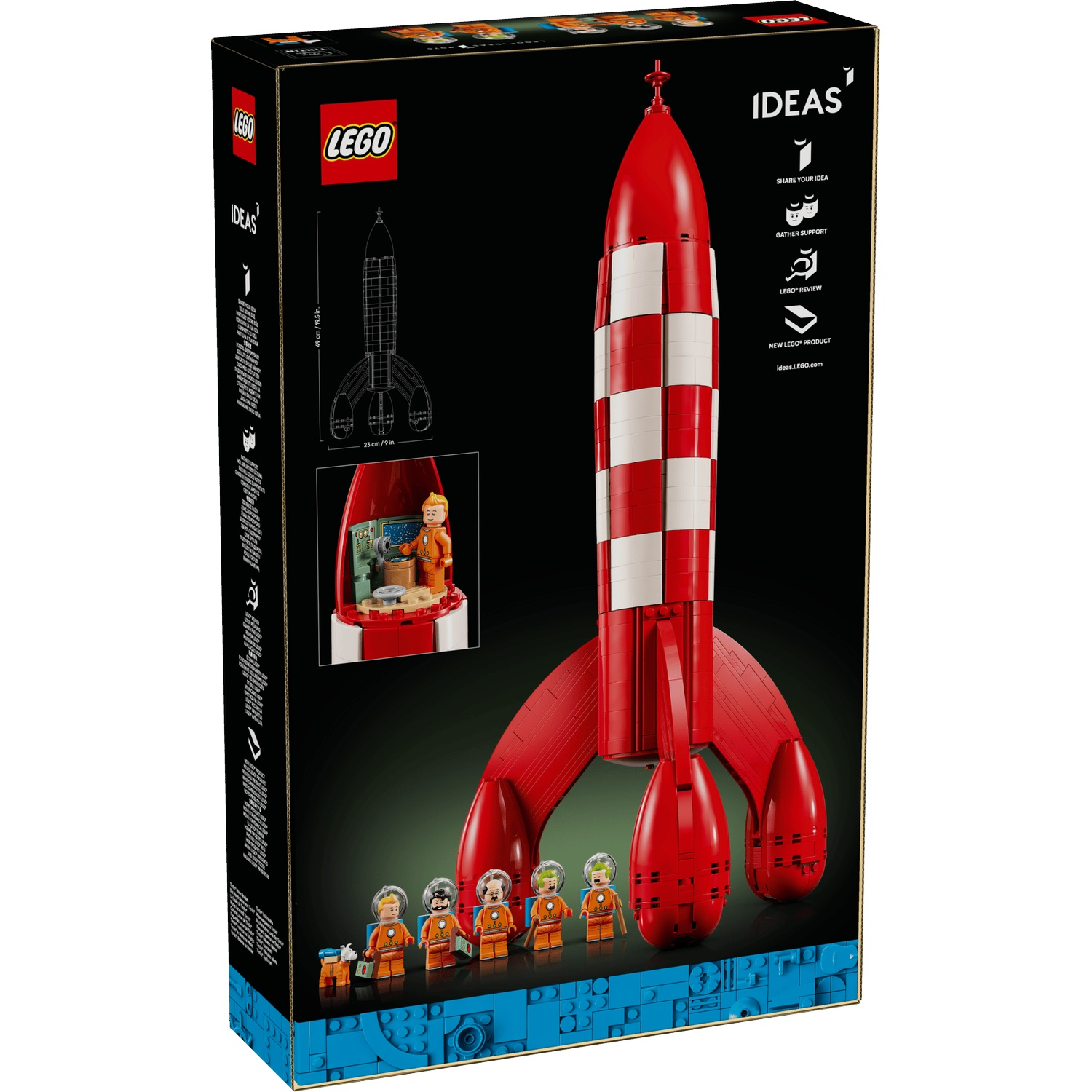 A LEGO Ideas box featuring a red and white rocket and astronaut minifigures.