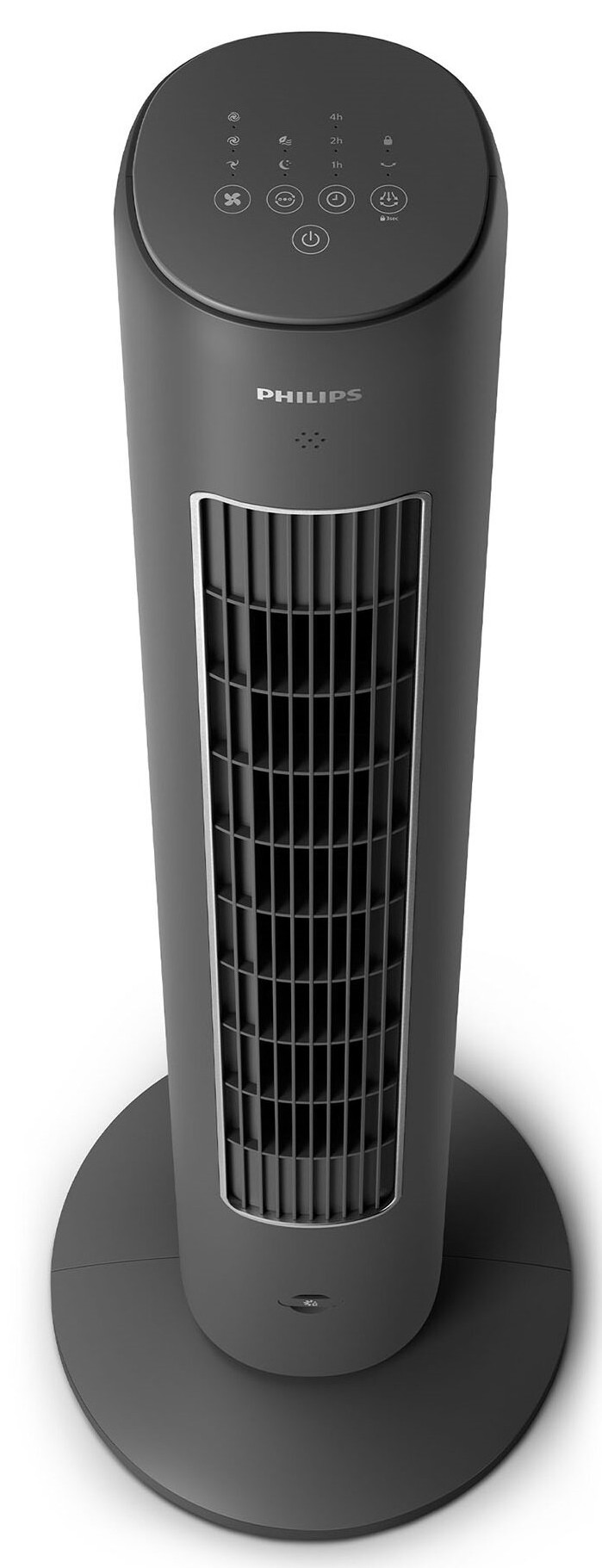 Ciemny wentylator wieżowy z panelami sterowania na górze i otworami wentylacyjnymi z przodu.