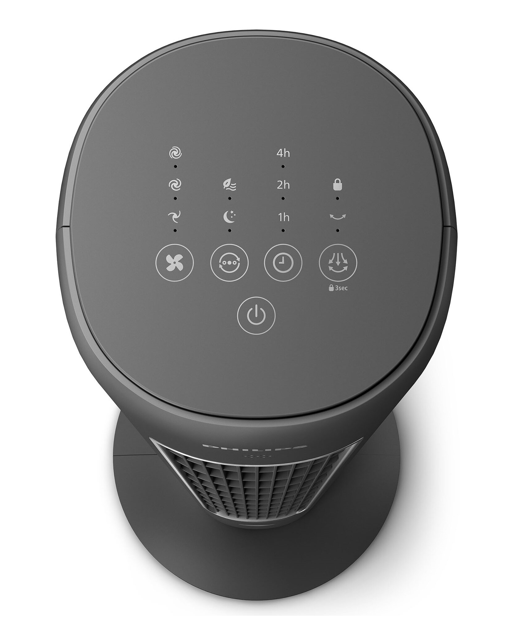 Szara wieżowa wentylator z panelami dotykowymi i wskaźnikami timera.