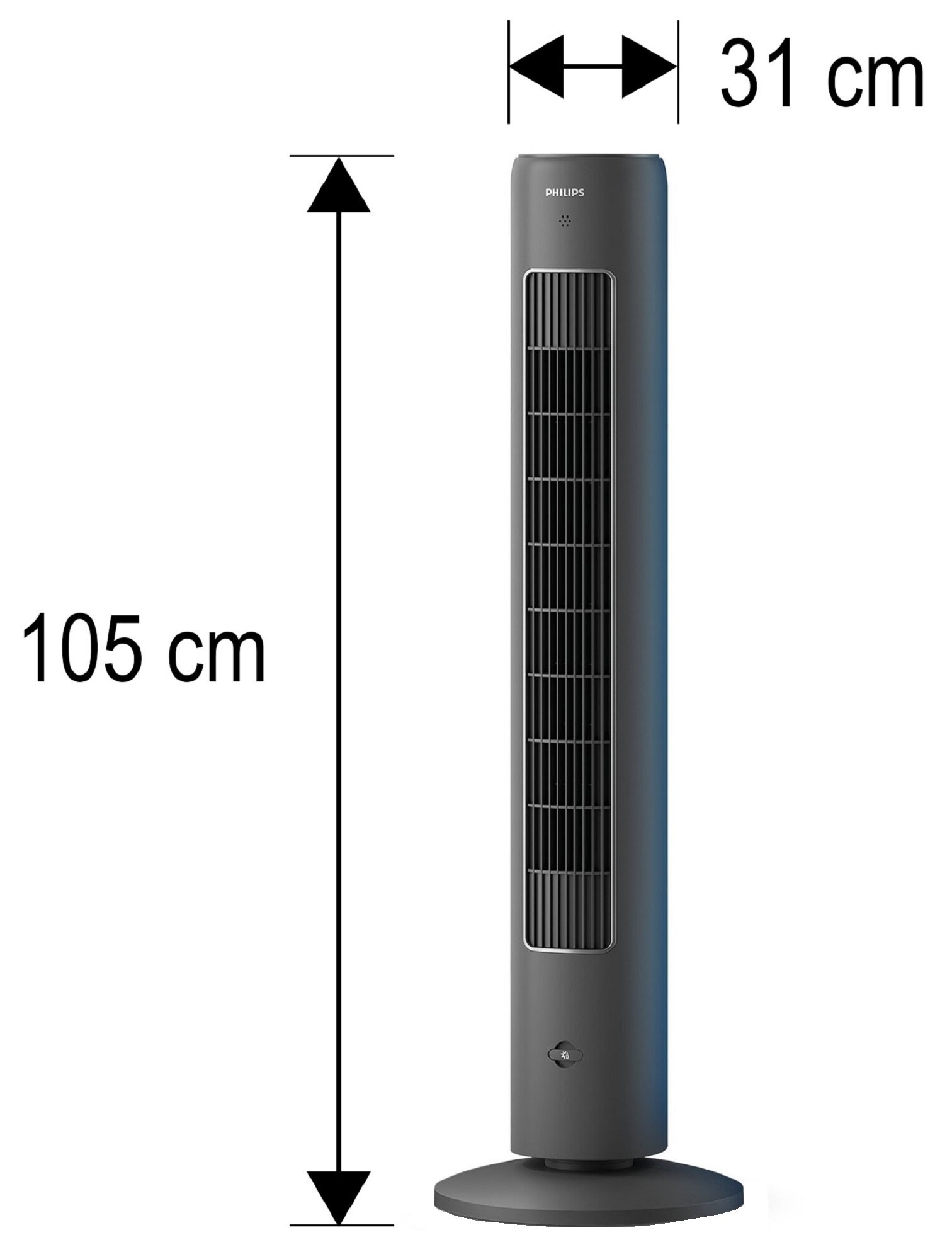 Ciemny wentylator wieżowy o wysokości 105 cm i szerokości 31 cm.