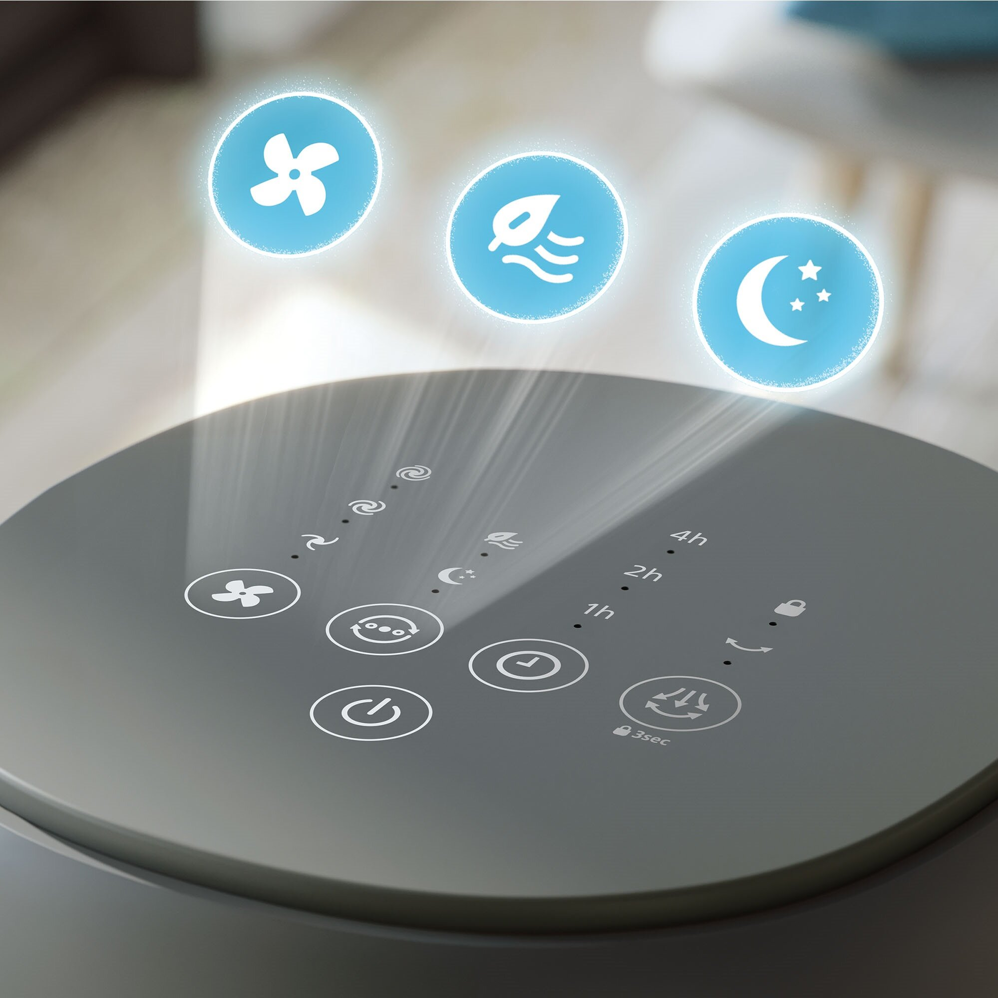 Panel sterowania z ikonami wentylatora, liścia i księżyca. Pokazuje przyciski timera i zasilania.