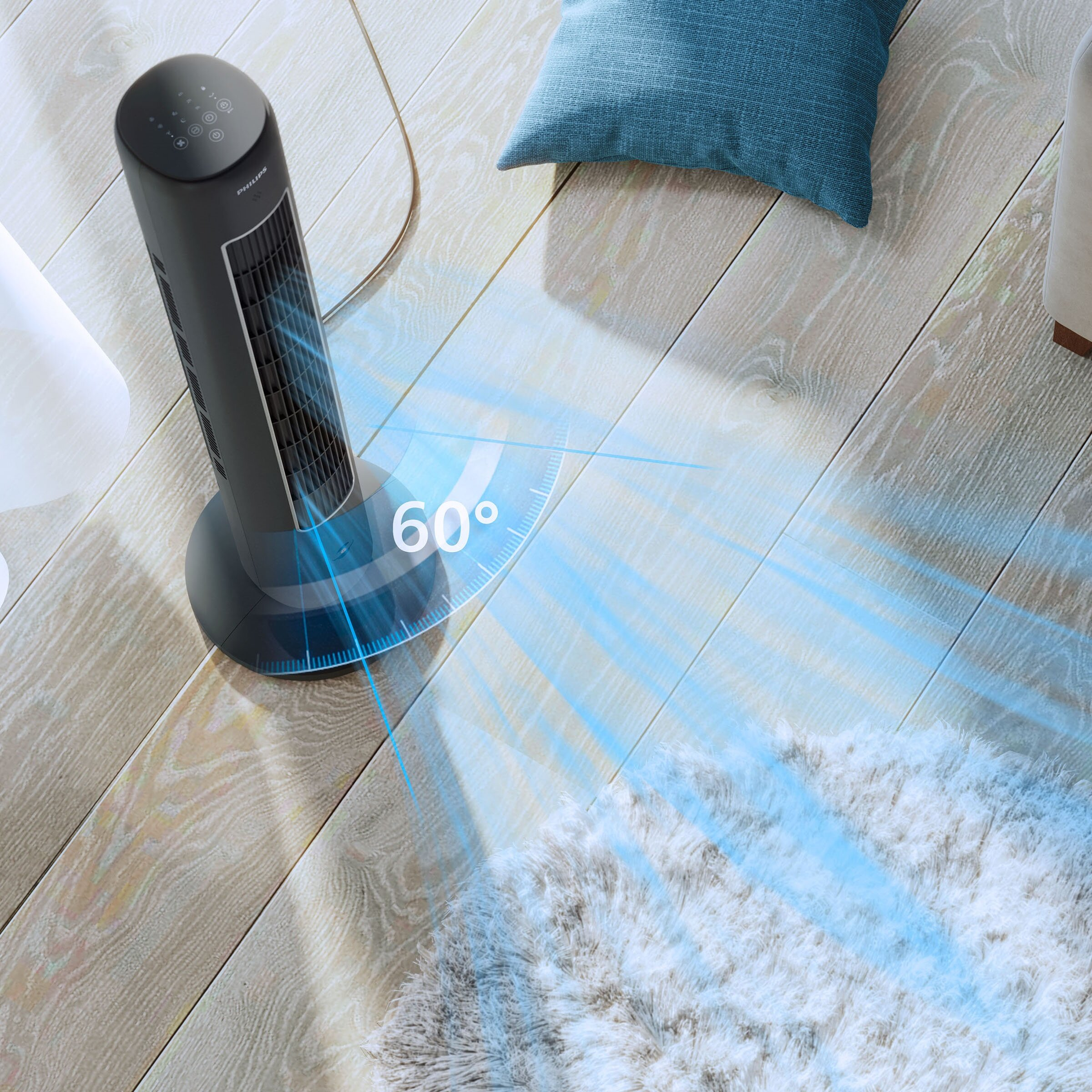 Czarny wentylator wieżowy na drewnianej podłodze z niebieskim przepływem powietrza, oscylacja 60 stopni.