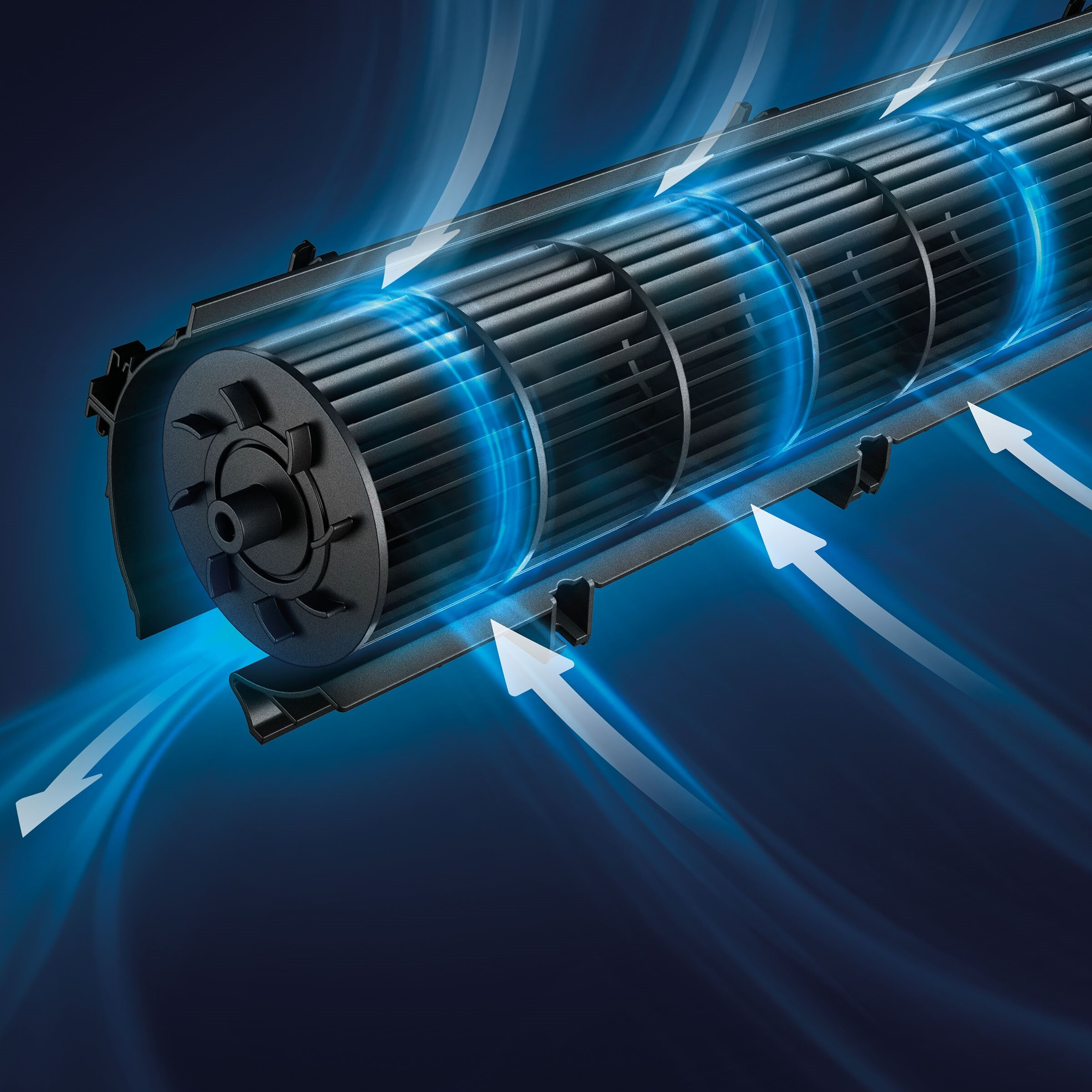 Wentylator z niebieskimi strumieniami powietrza na ciemnym tle.