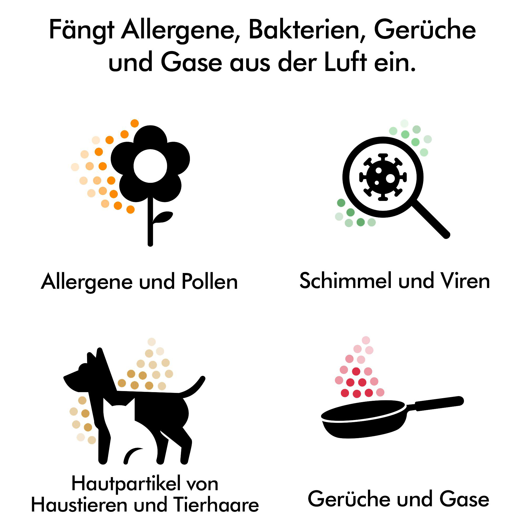 Grafik zeigt Symbole für Allergene, Viren, Tierhaare und Gerüche.