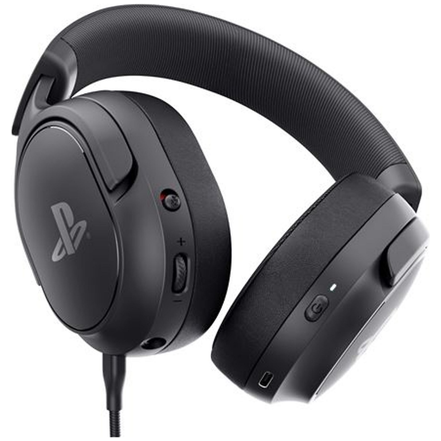 Black wireless headphones with PlayStation logo and controls.