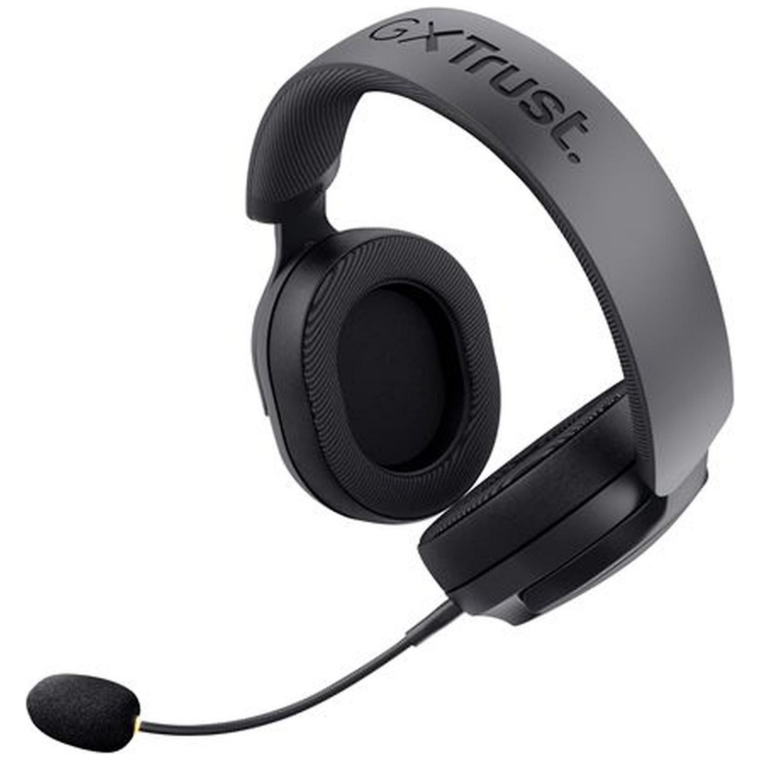 Black headphones with a microphone and GXT Trust logo on the headband.