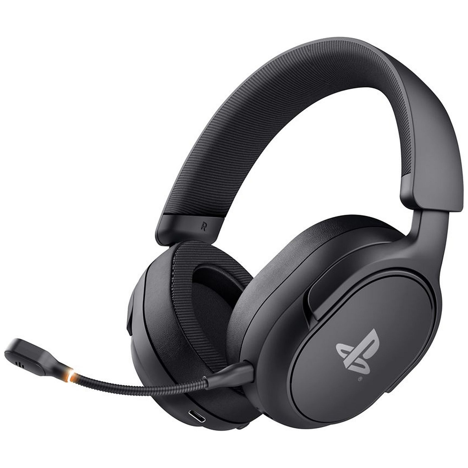 Black gaming headset with microphone and PlayStation logo on a white background.
