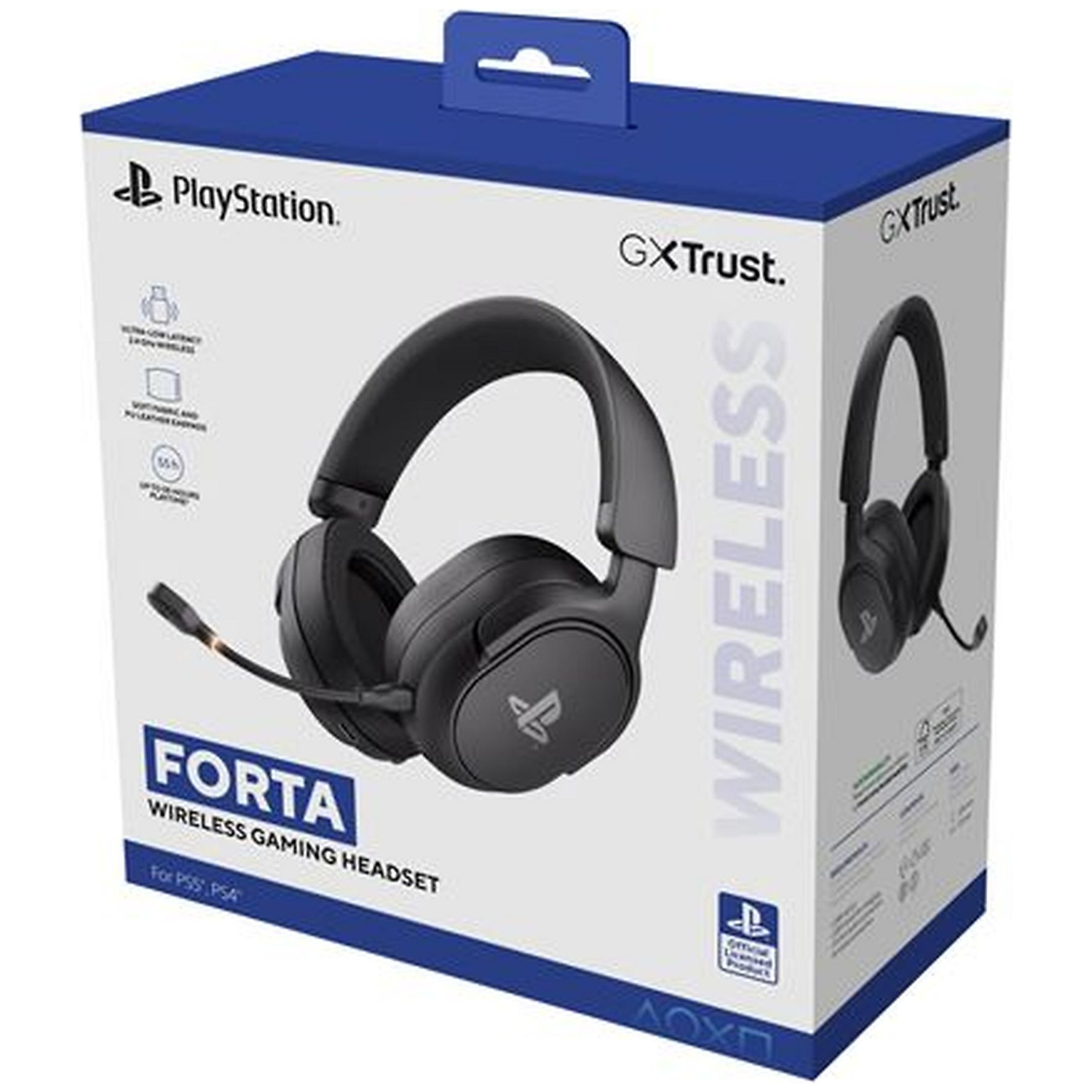 Packaging of a black PlayStation wireless gaming headset with microphone.