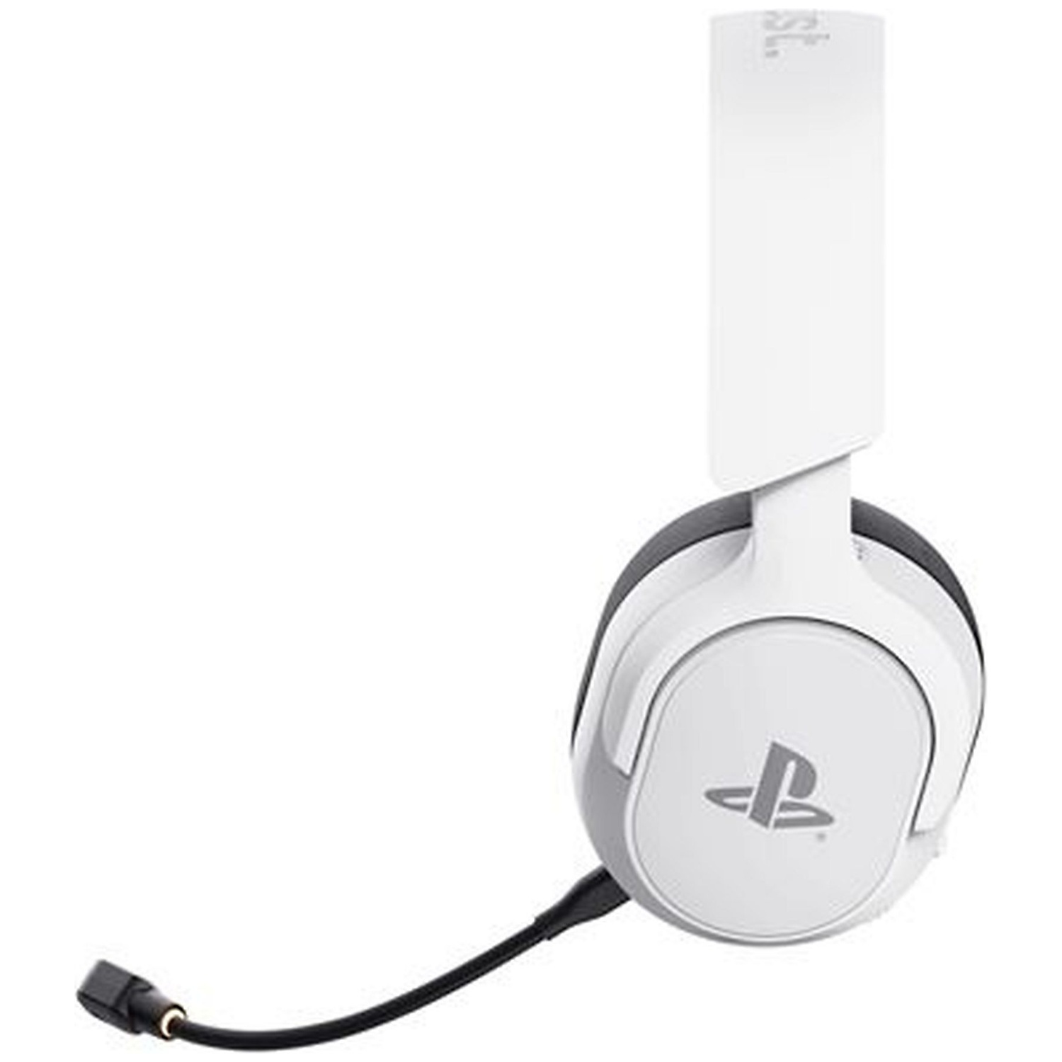 White gaming headset with PlayStation logo and microphone.