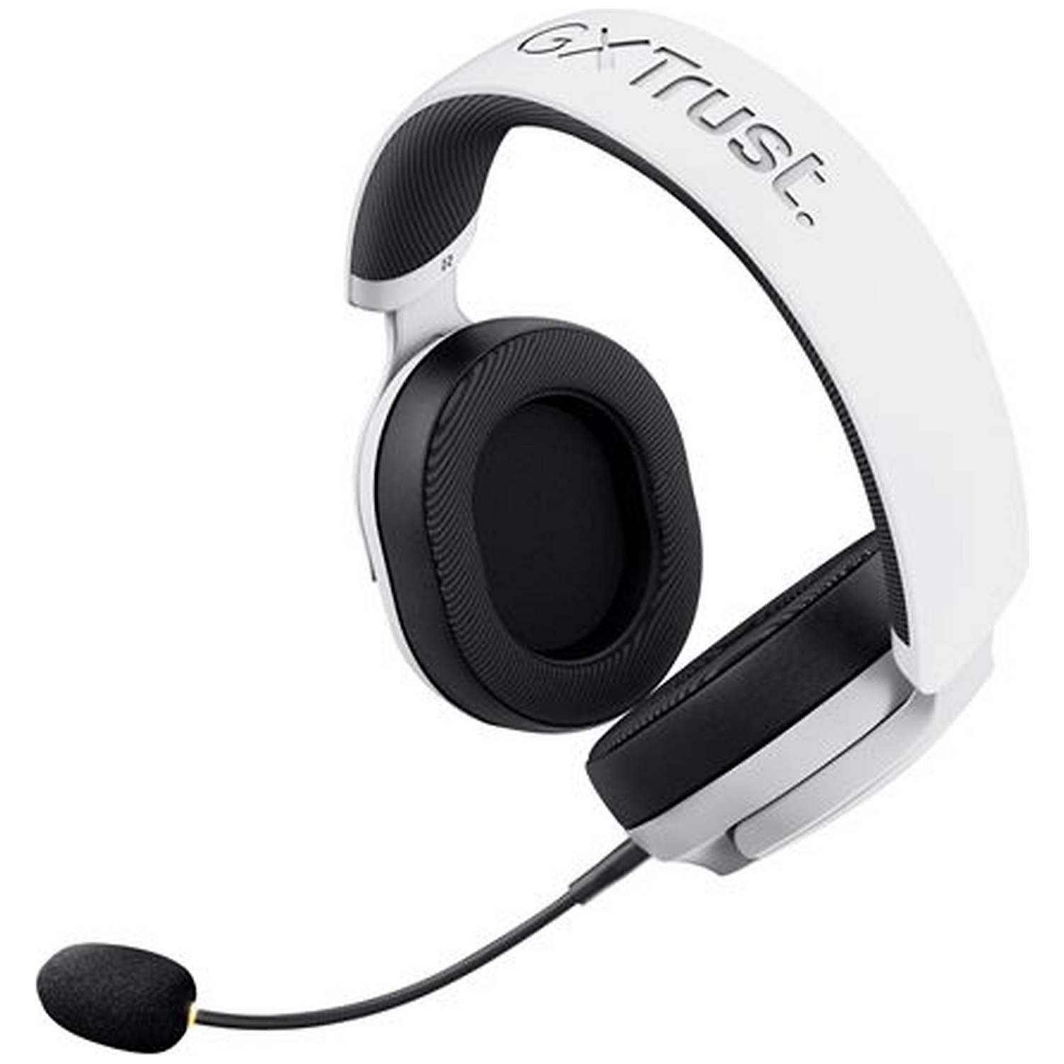A white gaming headset with a black microphone and earcups.