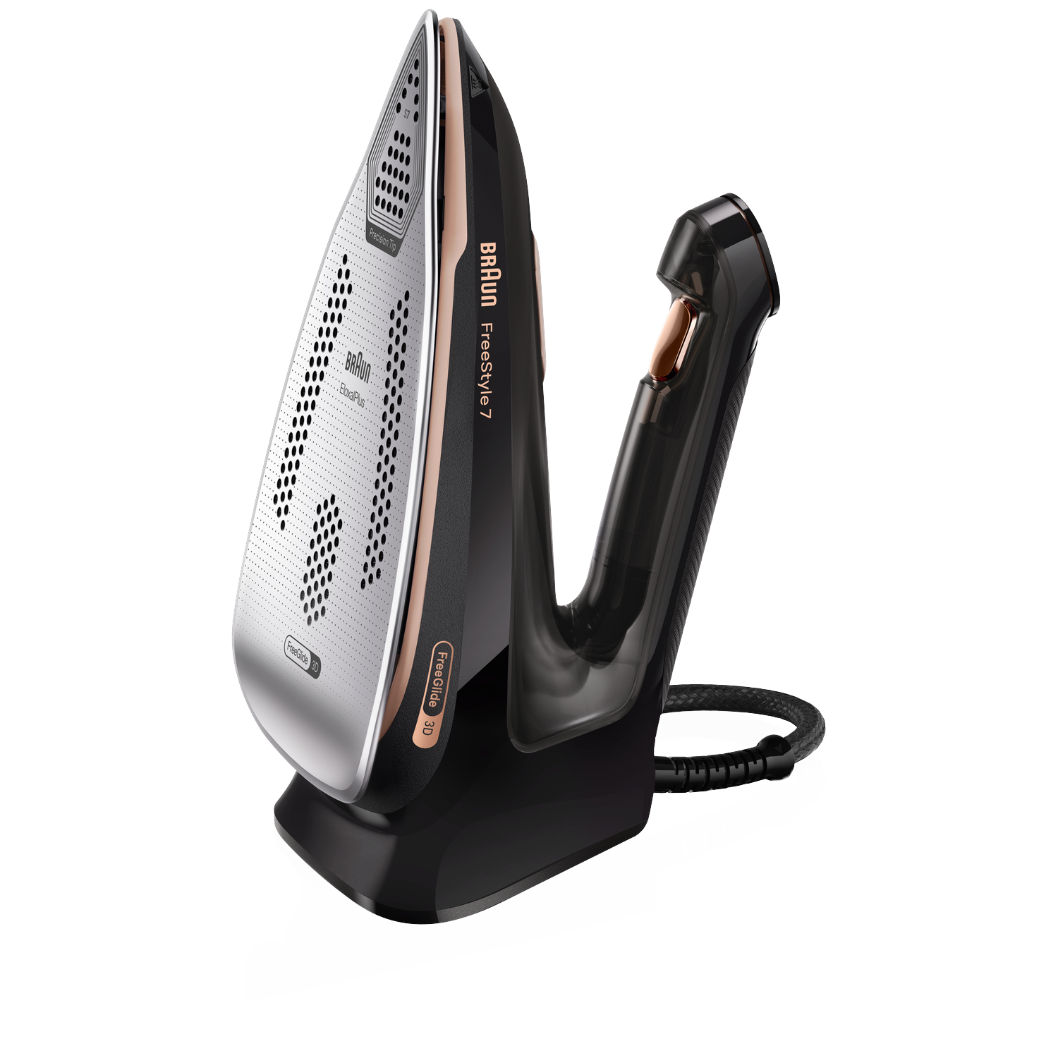 Een zwart Braun Freestyle 7 strijkijzer met zilveren zool rust op de zwarte laadbasis.