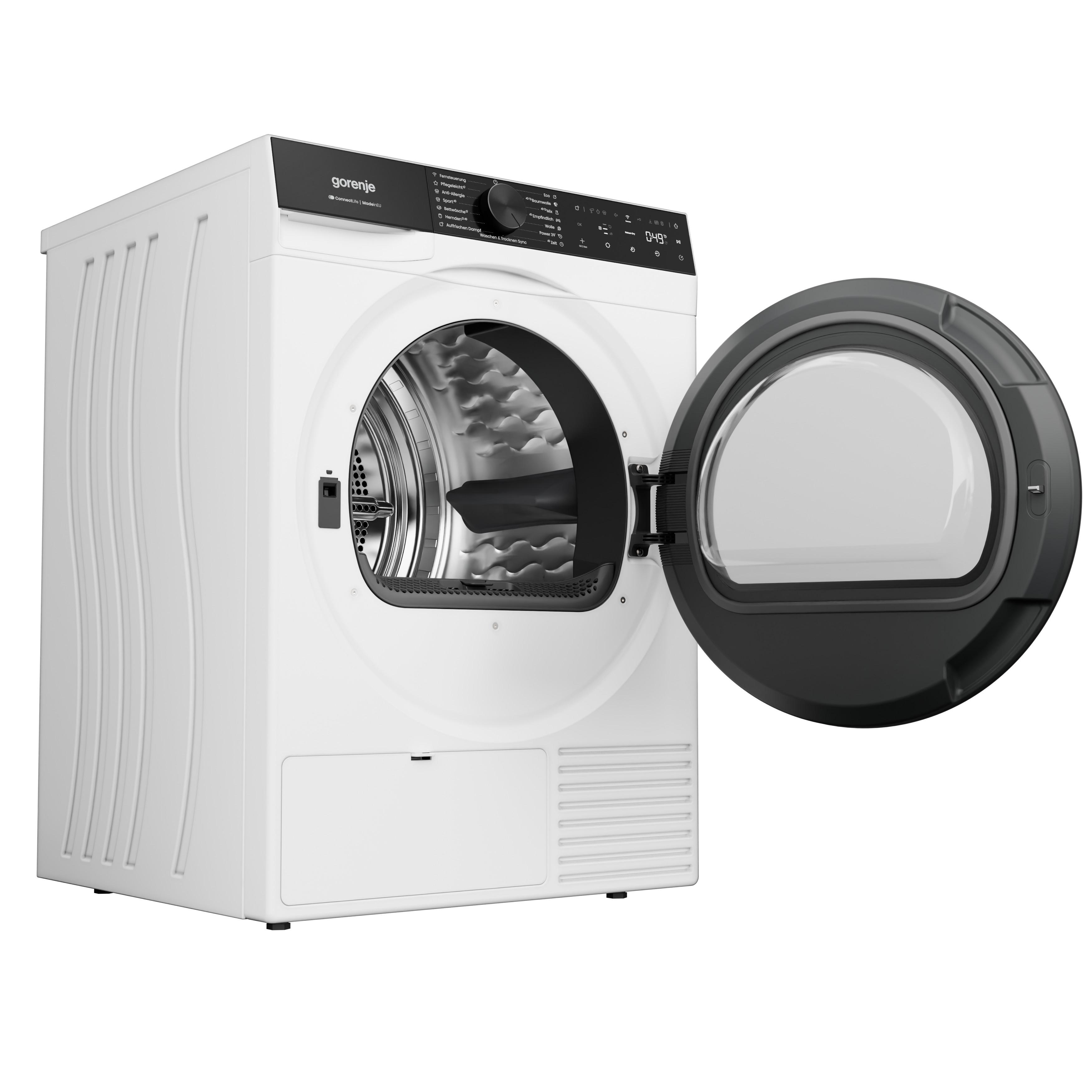 Ein weißer Gorenje Wäschetrockner mit geöffneter Tür und Bedienfeld.