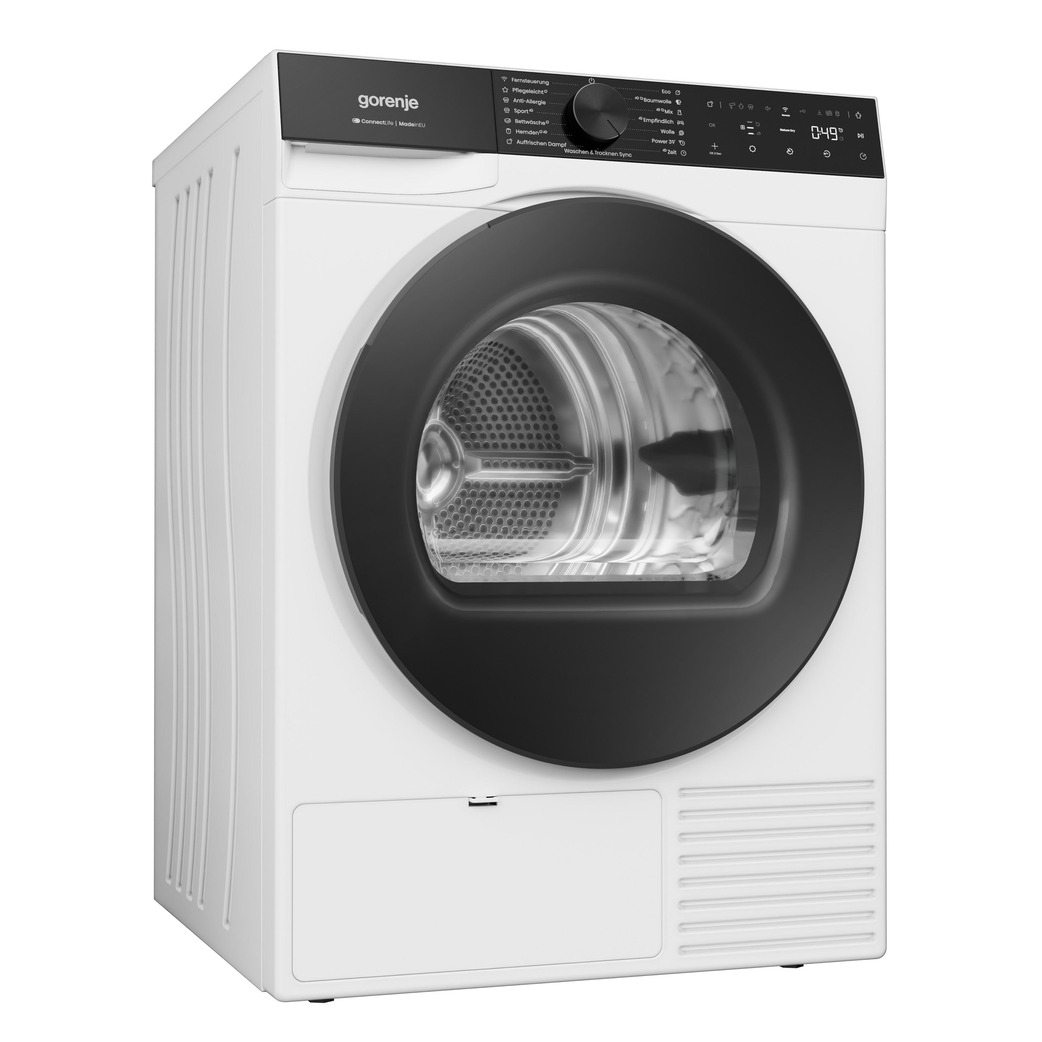 Eine weiße Gorenje Wäschetrockner-Waschmaschine mit schwarzer Tür und Bedienfeld.