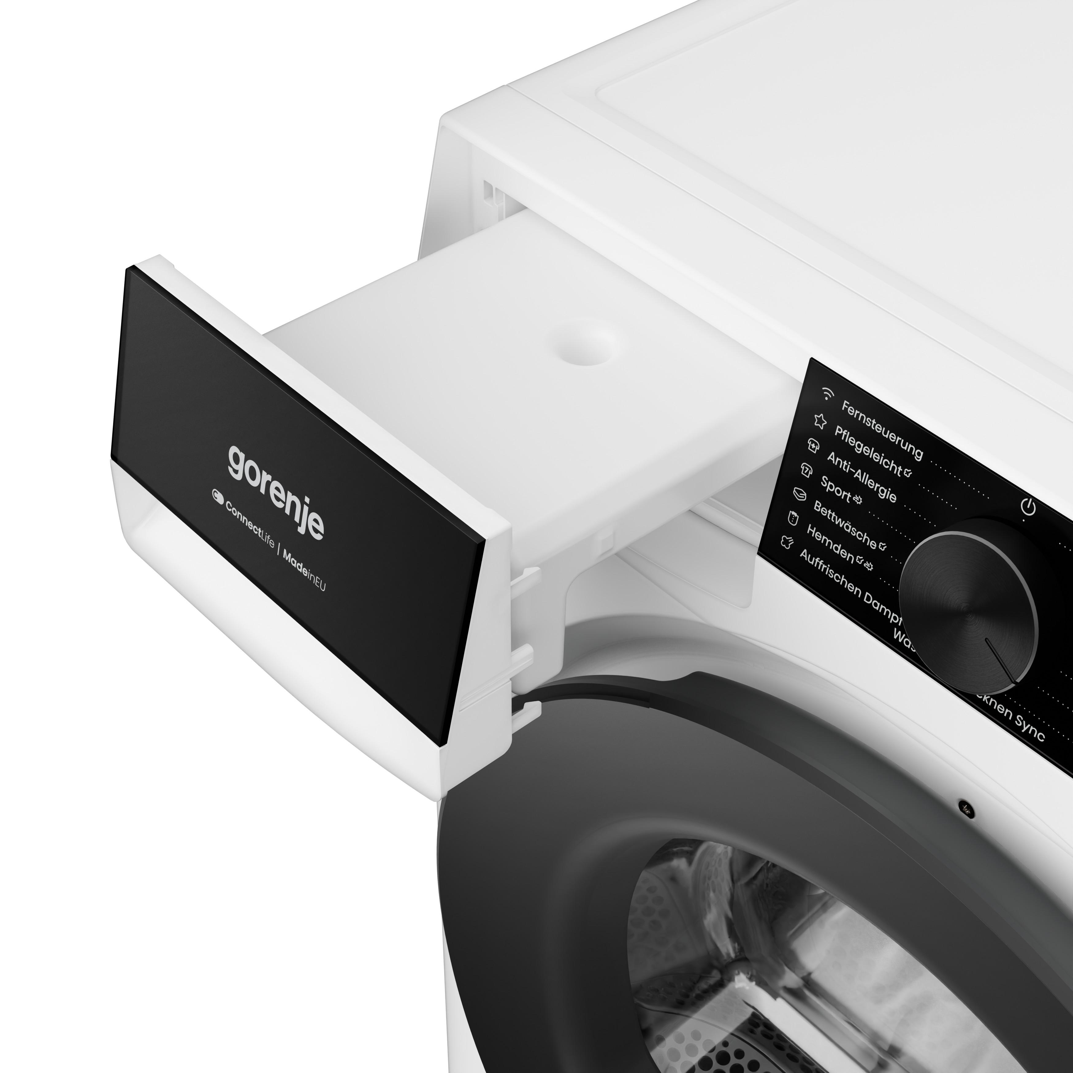 Ausgezogene Schublade eines weißen Gorenje Waschtrockners mit Bedienfeld.